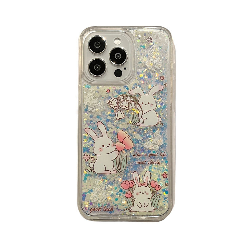 Cute Rabbit Glitter Phone Case for iPhone 11-15 Pro Max for Women Girls, Quicksand iPhone Case, Balletcore Aesthetic, Spring Fashion Inspo, Made of TPU+PC