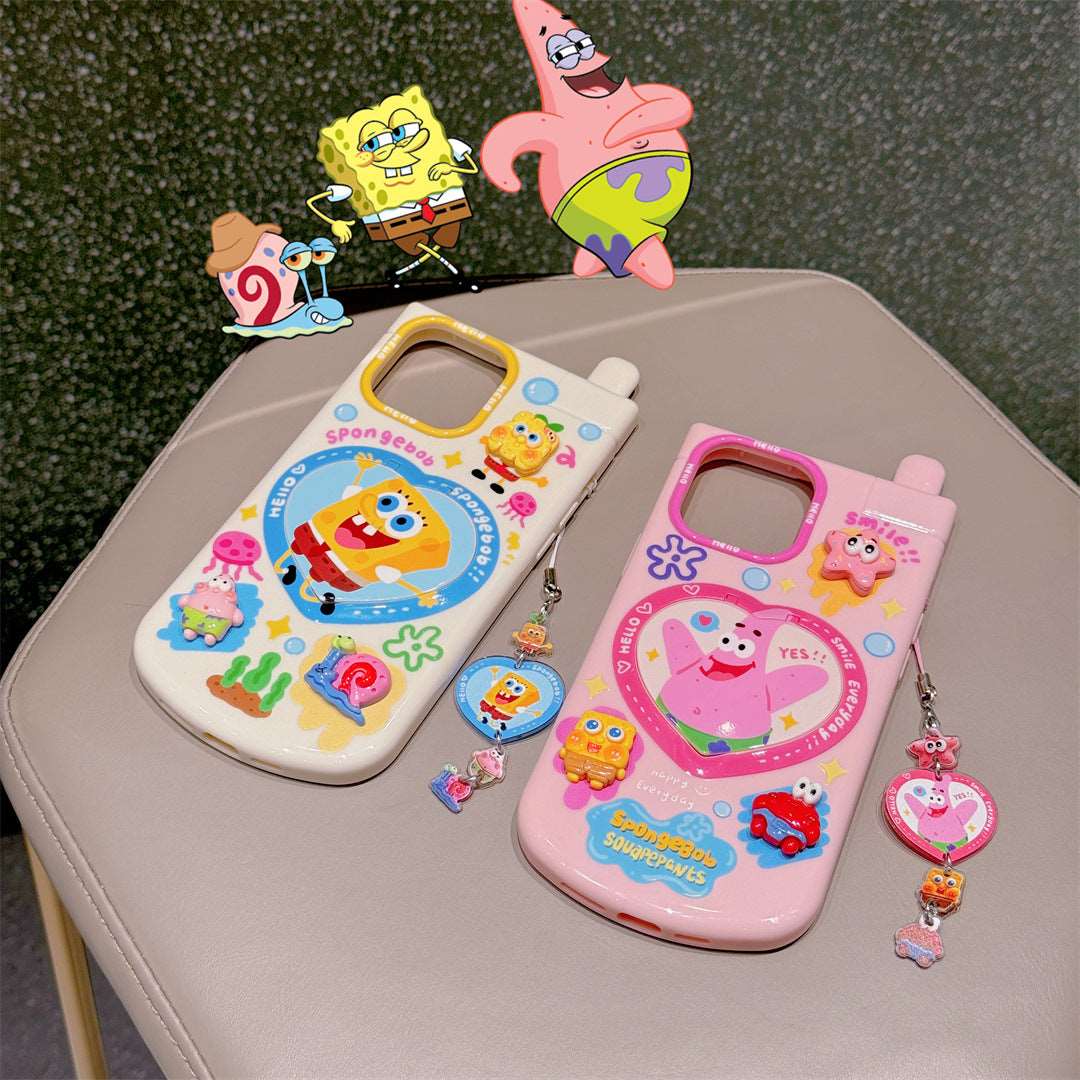 (1+2) Sponge Bob iPhone Case for iPhone 11-15 Pro Max and iPhone 14 Pro Max, Phone Charm as Gift + Integrated Phone Stand, Retro Y2K Phone Style Available in Yellow and Pink, TPU Material Made, Women's Favorite Mobile Phone Cases
