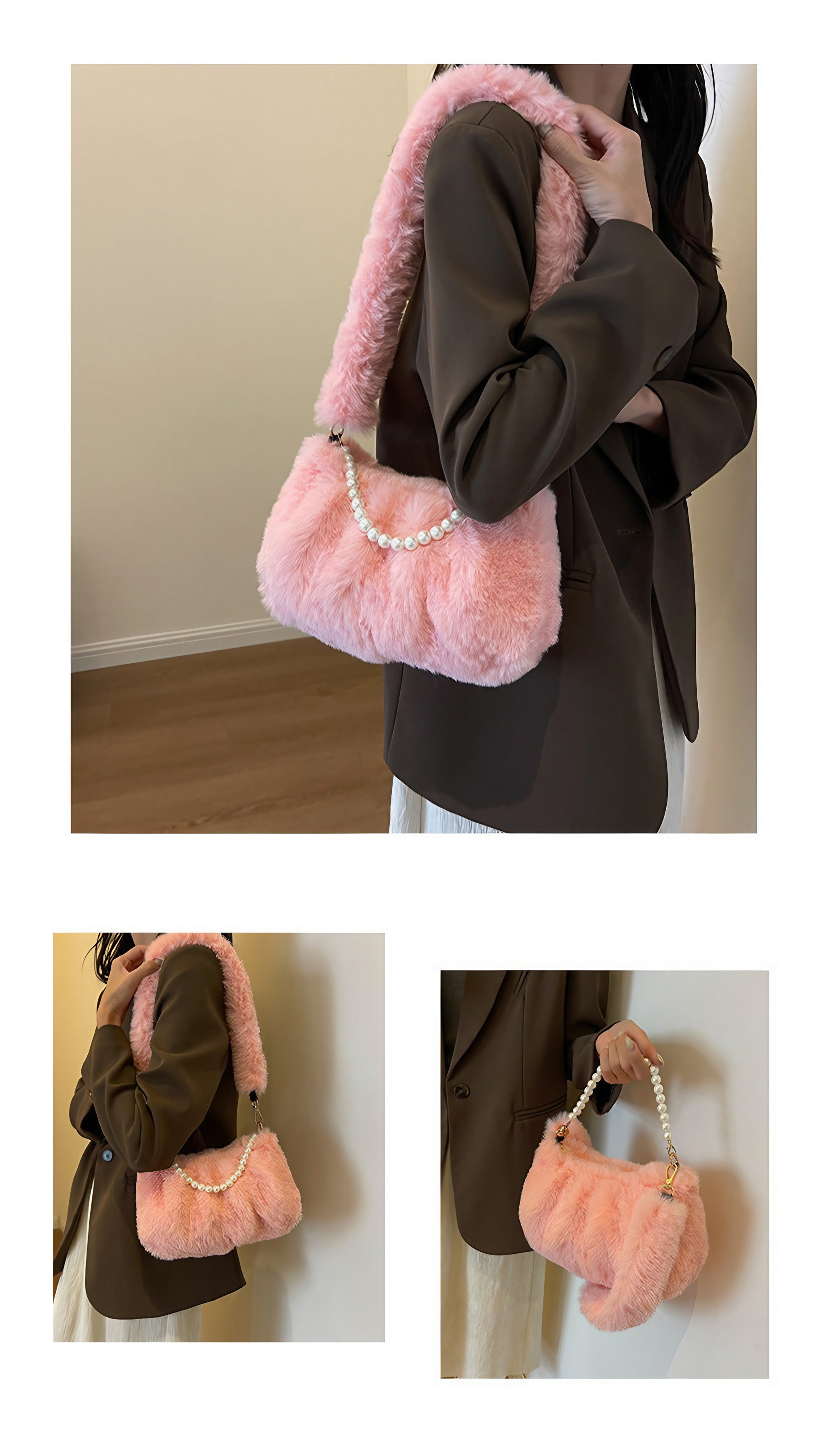 Korean-inspired pink faux fur shoulder bag in a soft texture