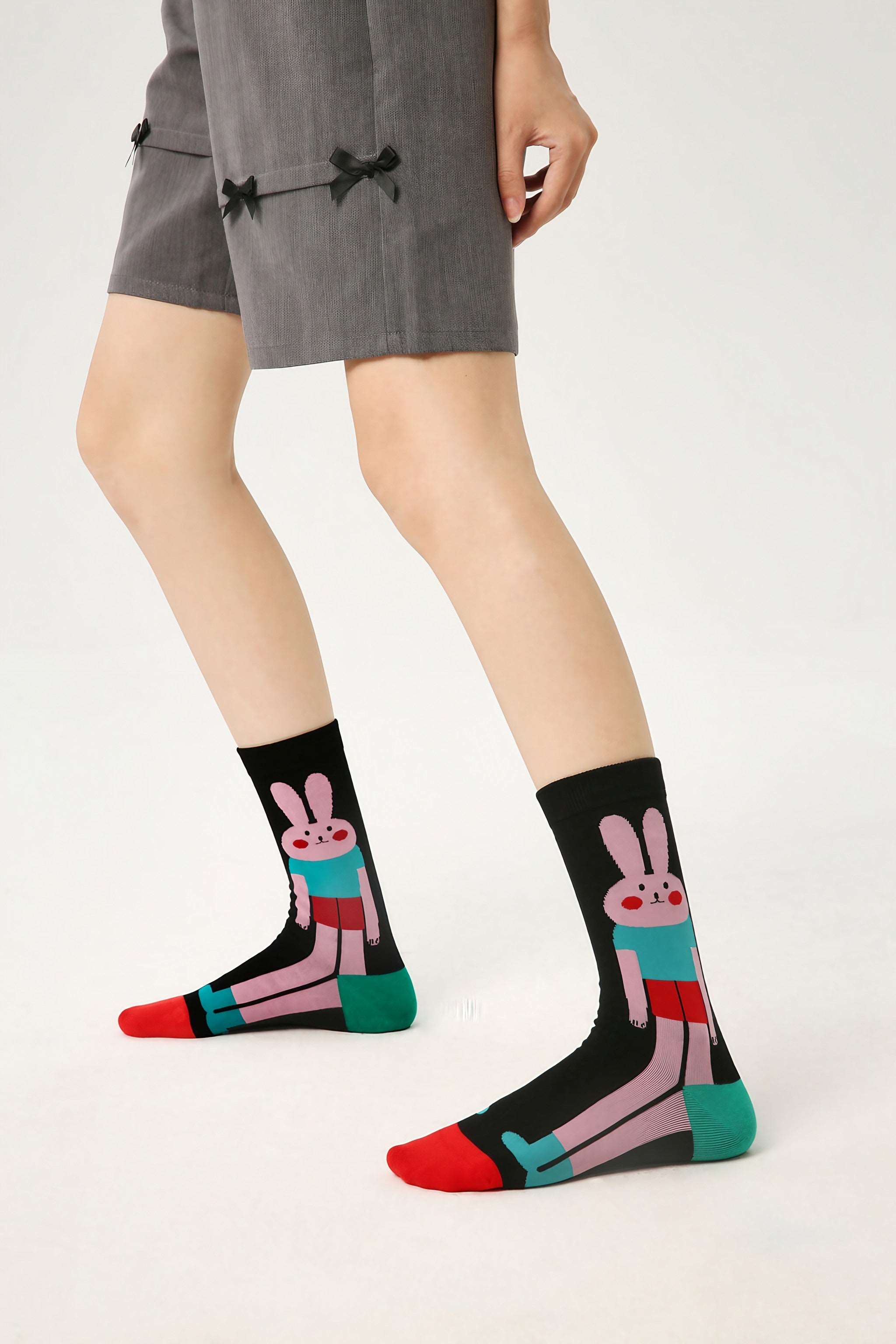 Unique black socks with a colorful rabbit design for winter fashion