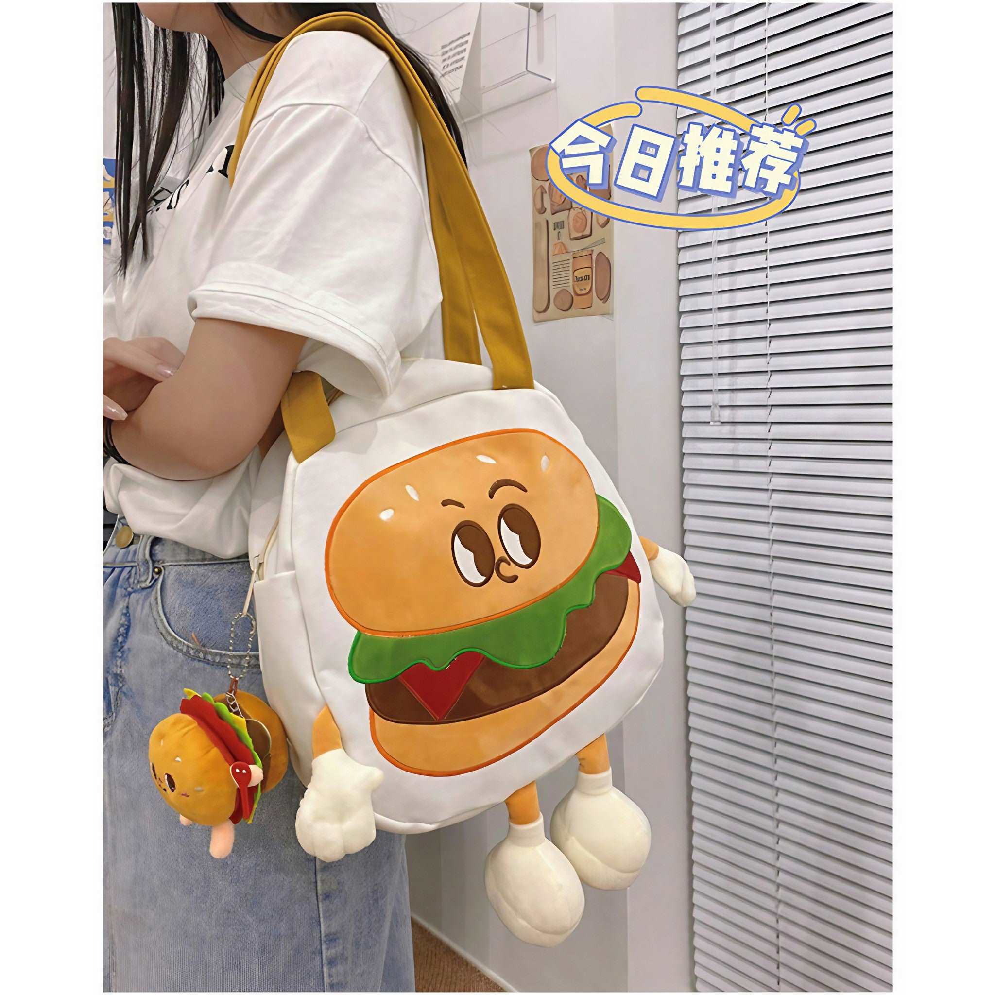 Fashionable woman showcasing her hamburger-inspired shoulder bag