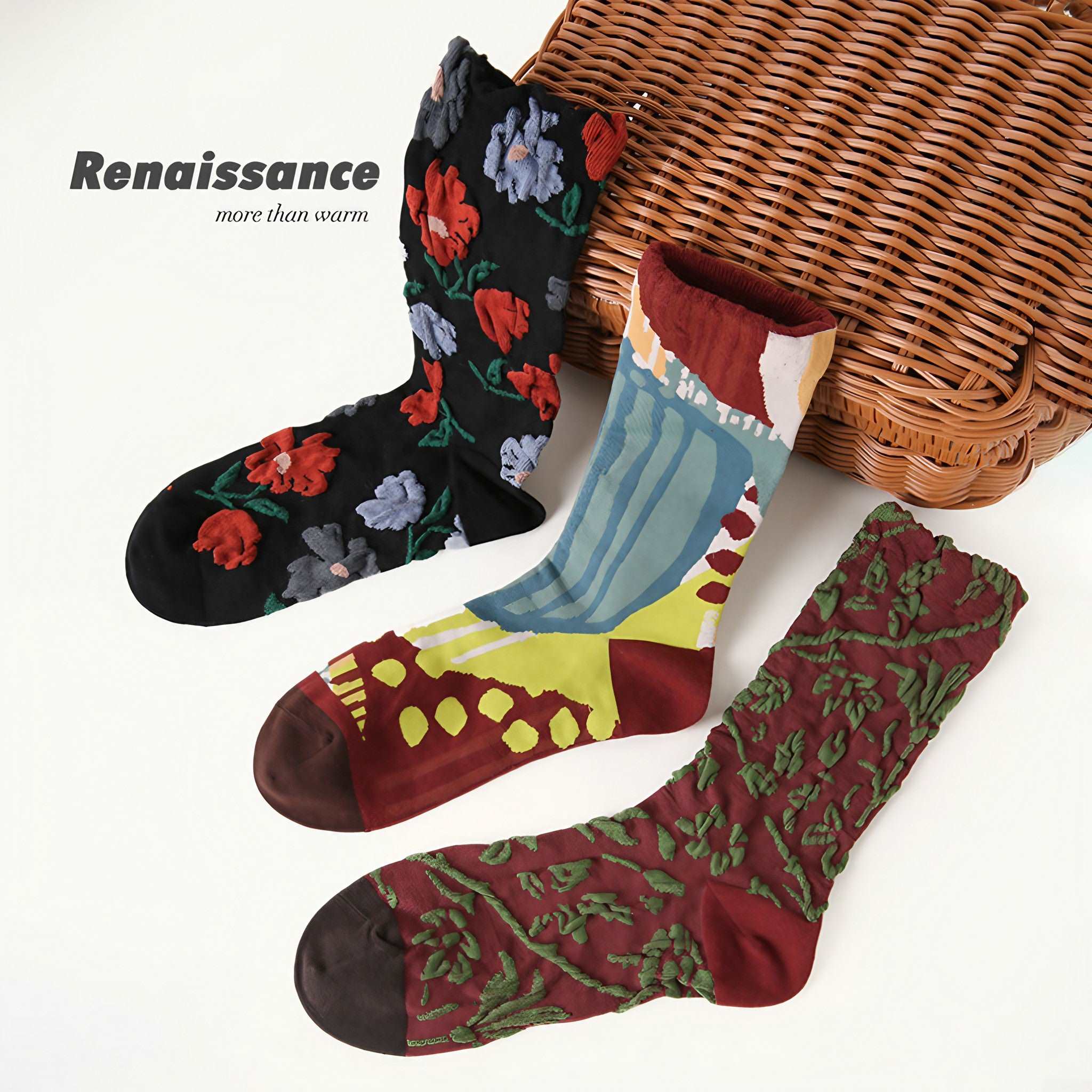 Set of three socks decorated with floral and leaf designs, part of the 1+2 Socks Set