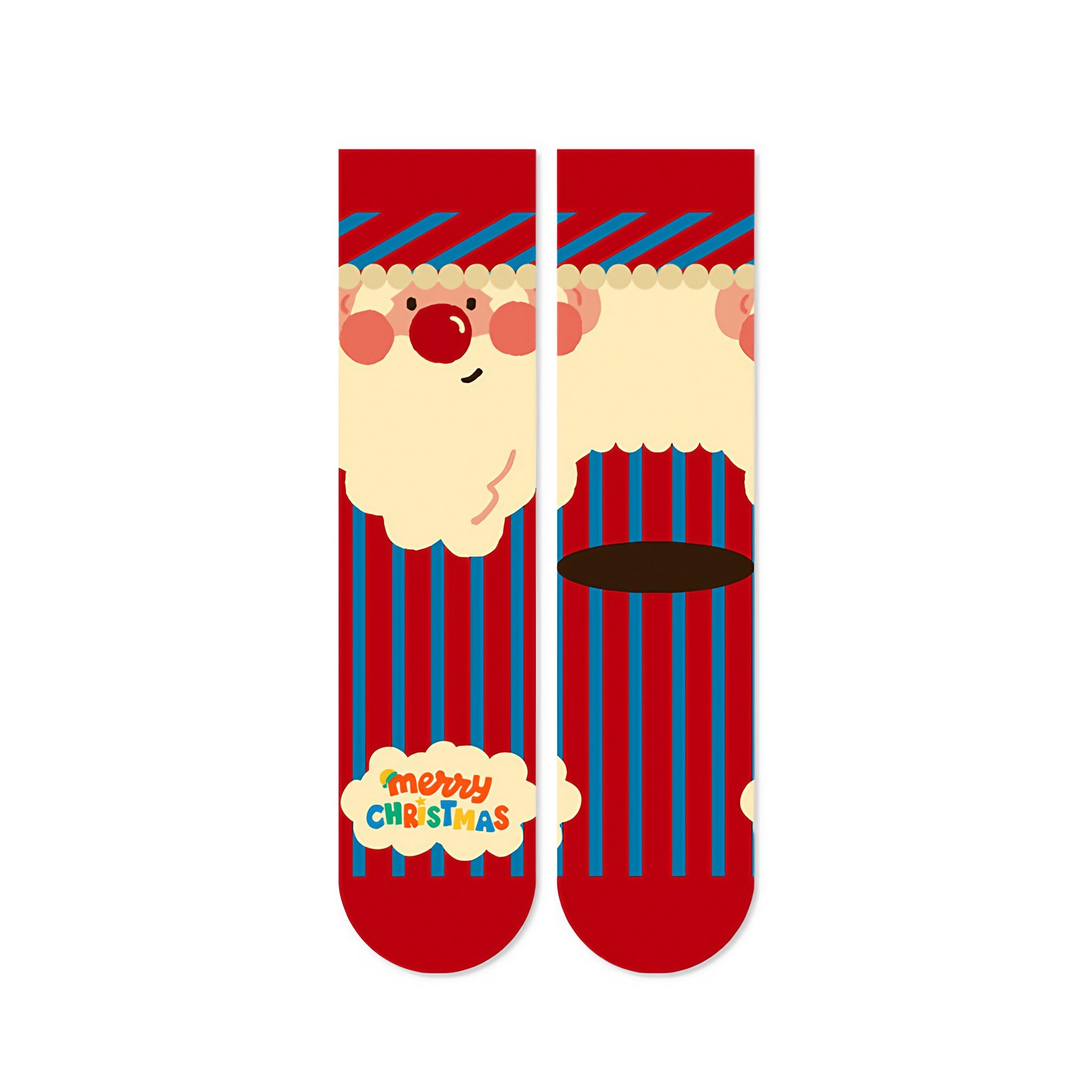 Festive socks decorated with jolly Santa Claus faces