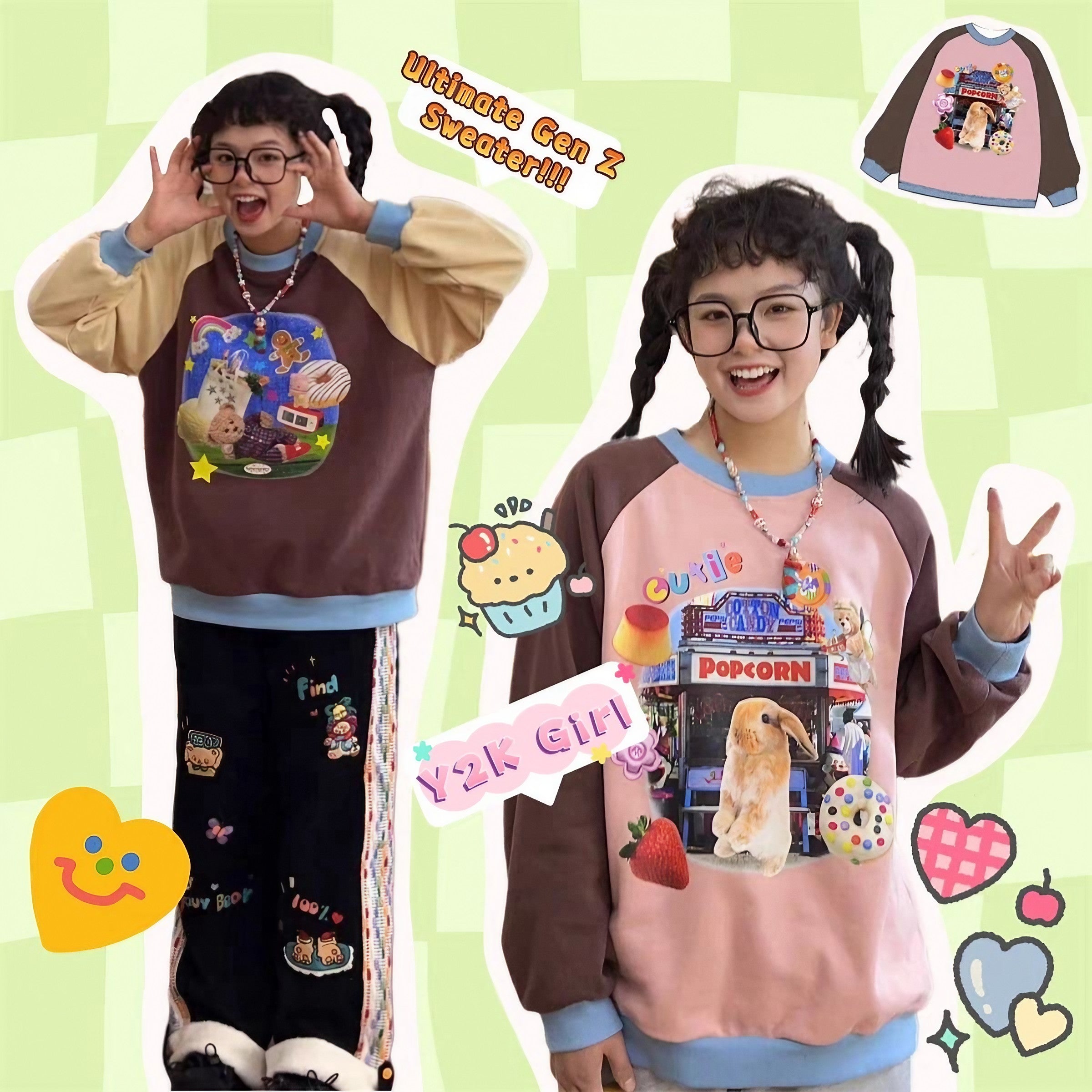 A fashionable girl posing in a loose-fitting jumper with a bunny illustration