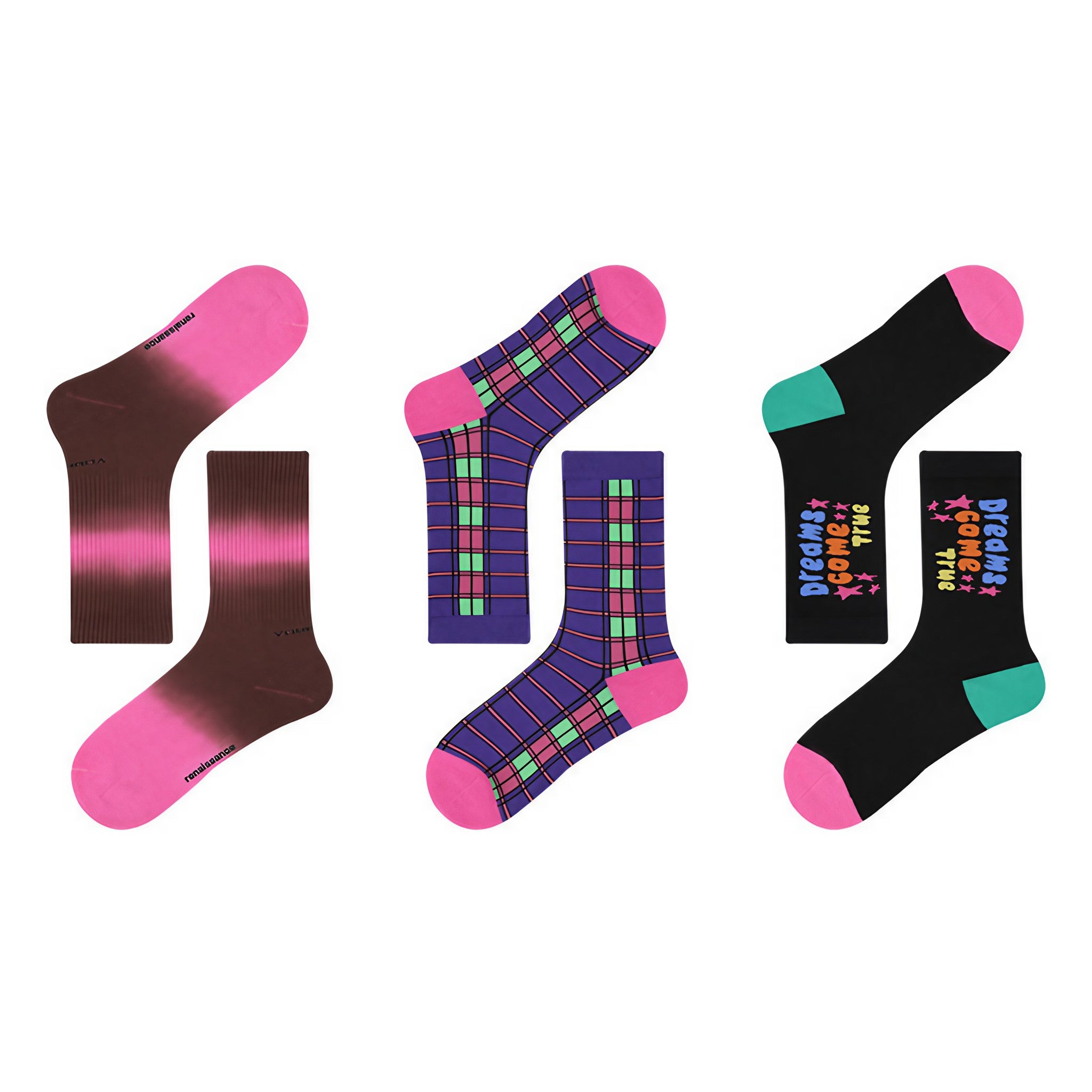 A vibrant set of three Blackpink Purple Tektonik socks with eclectic designs for autumn