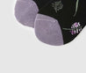 Black socks adorned with violet floral patterns