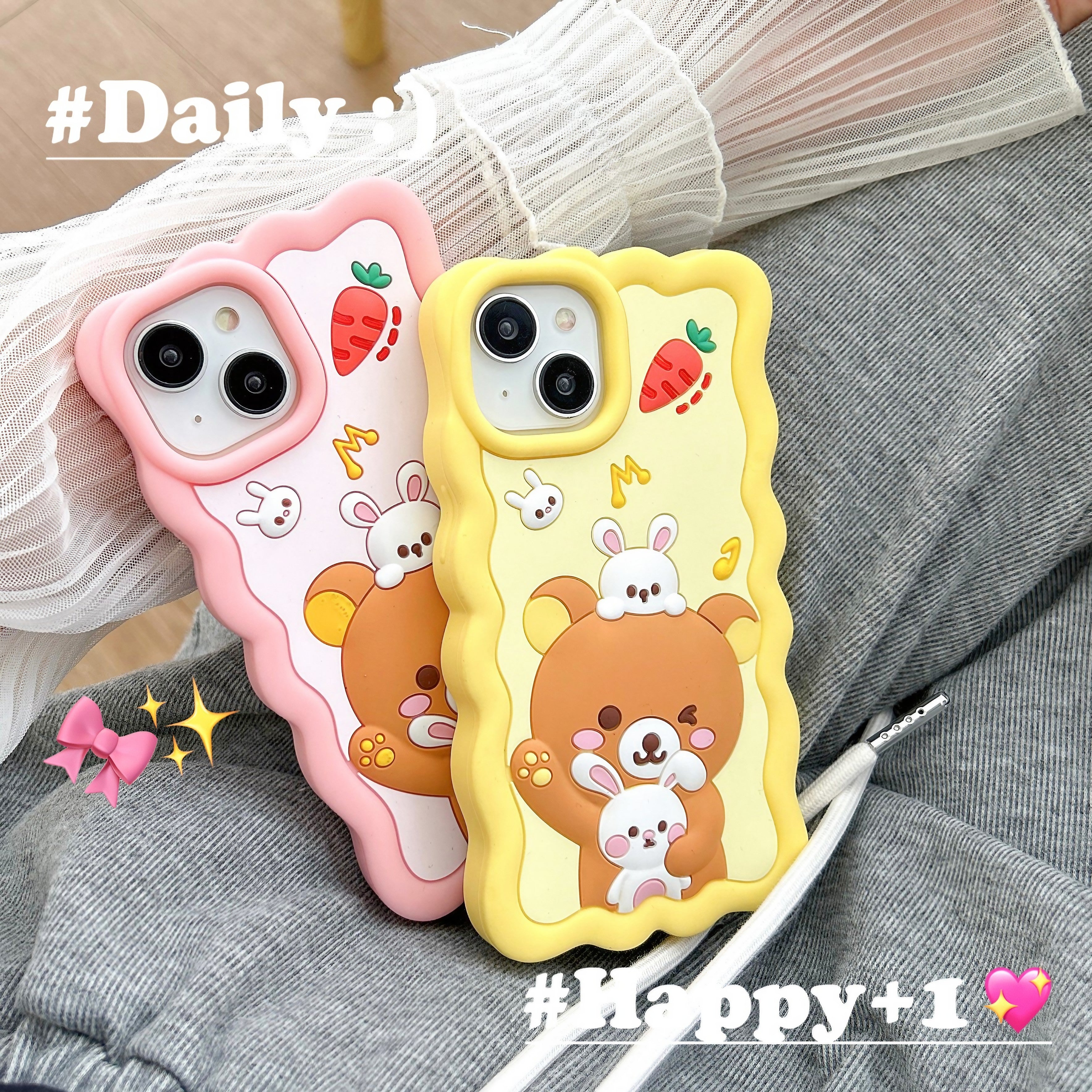 Pair of Rilakkuma iPhone cases featuring cute bear characters and strawberries for iPhone 13 Pro Max