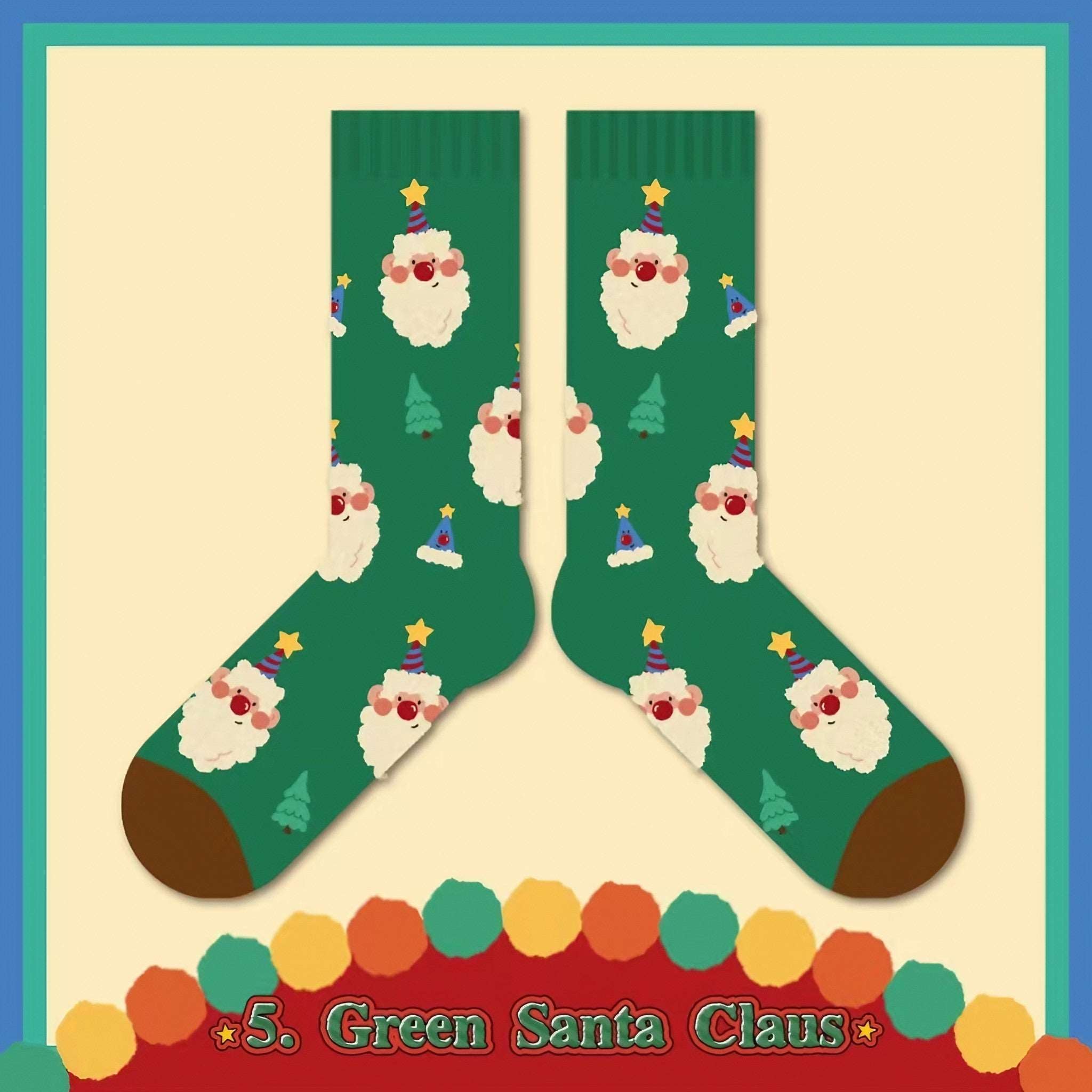 Christmas socks with a jolly Santa Claus pattern against a green backdrop