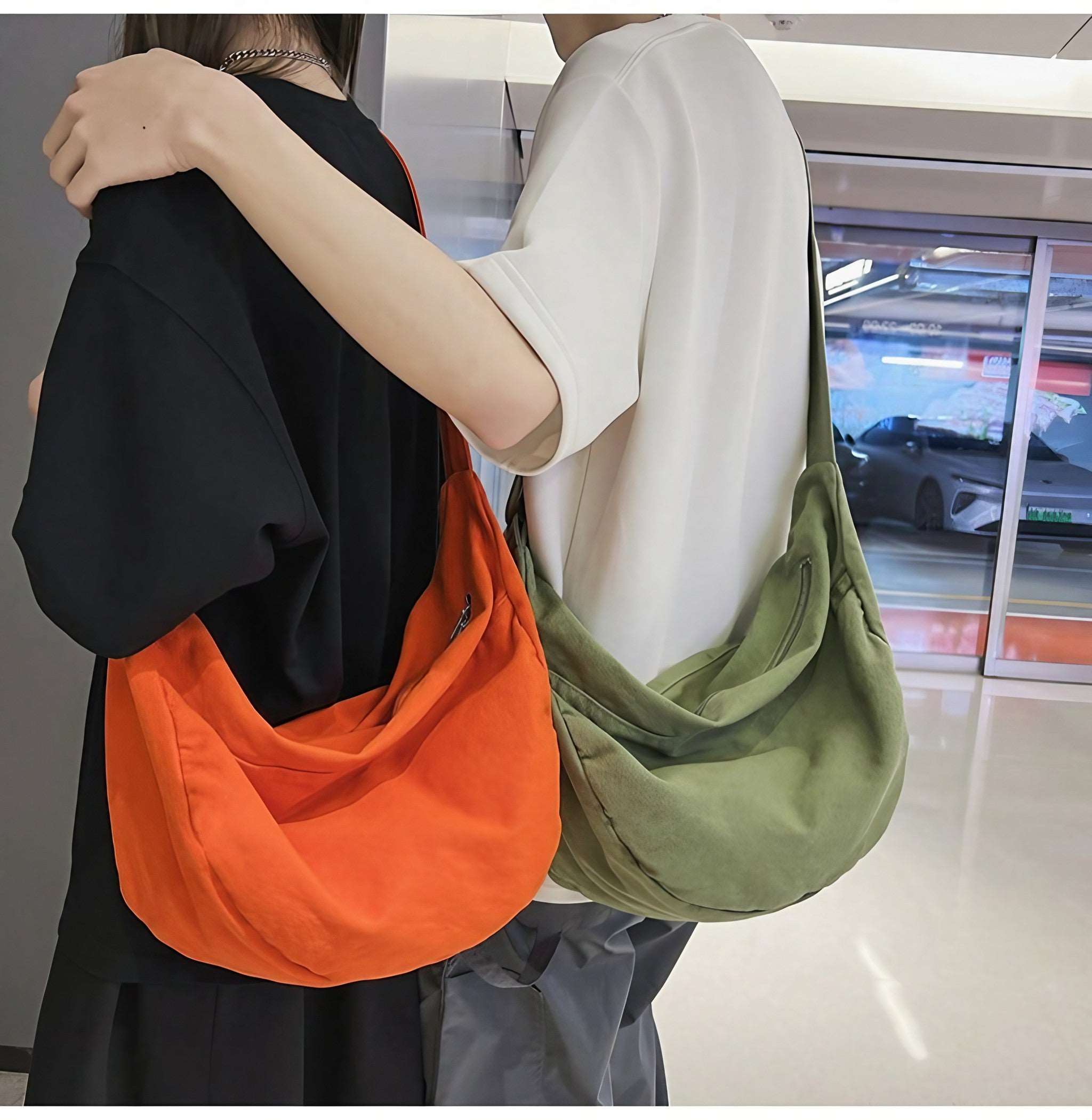 Pair showcasing a funky green and orange canvas vacation bag