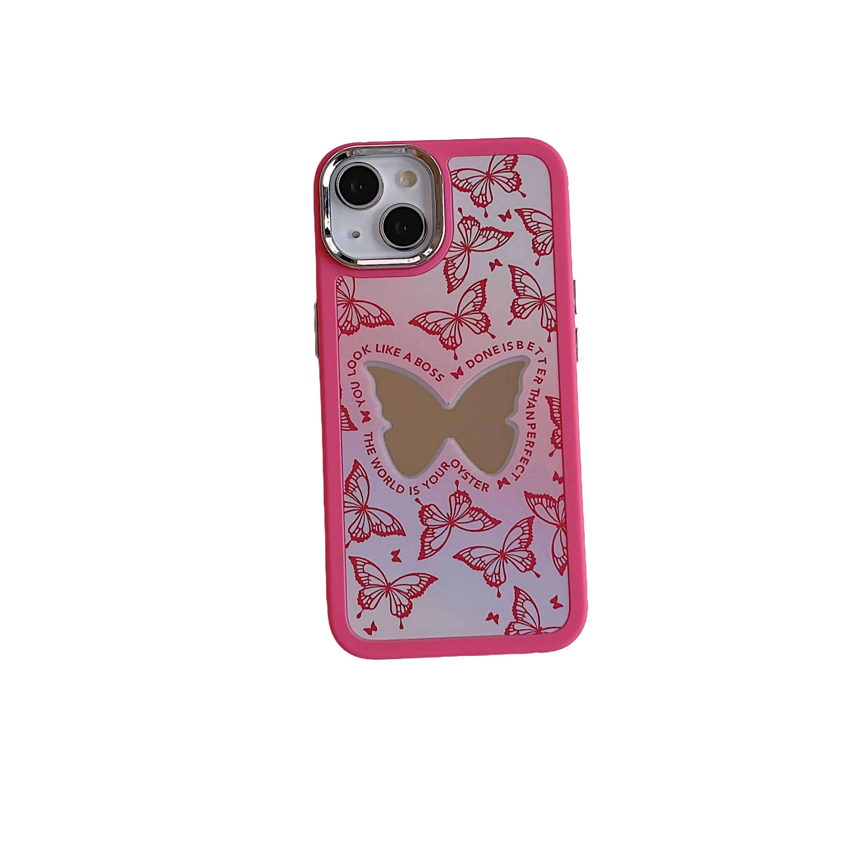 Aesthetic pink iPhone case with butterfly design without phone chain