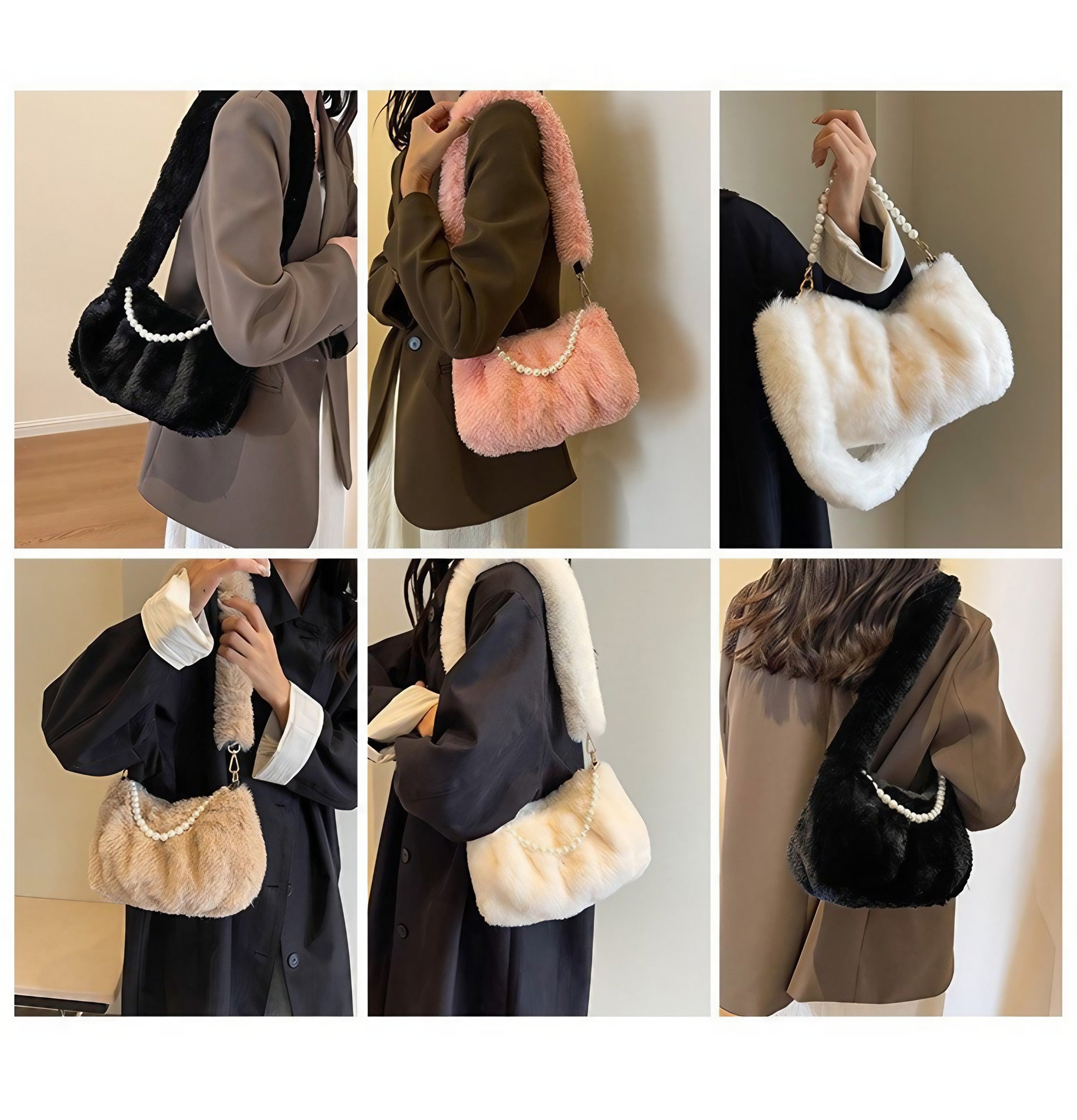 A woman showcasing a soft fur plush bag in various poses