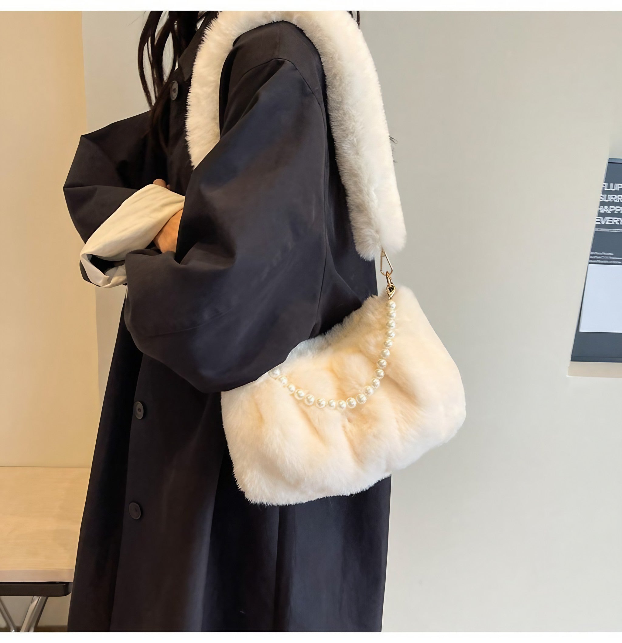 Elegant lady carrying a soft white fur bag matching her black coat