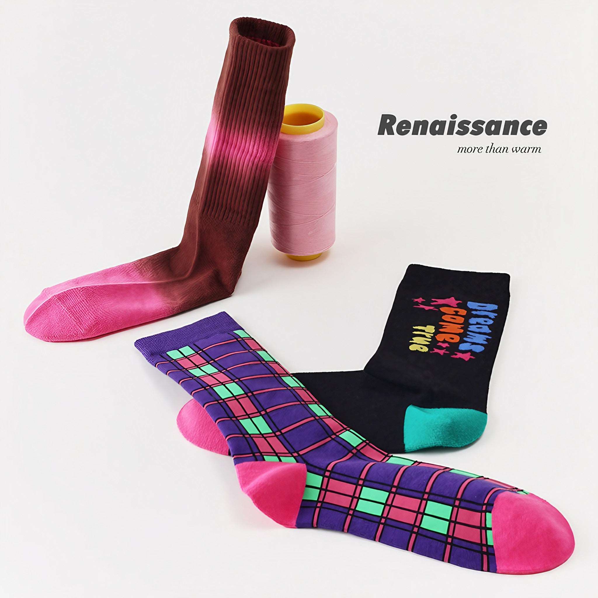 Three unique pairs of Blackpink Purple Tektonik socks with distinct renaissance-inspired patterns