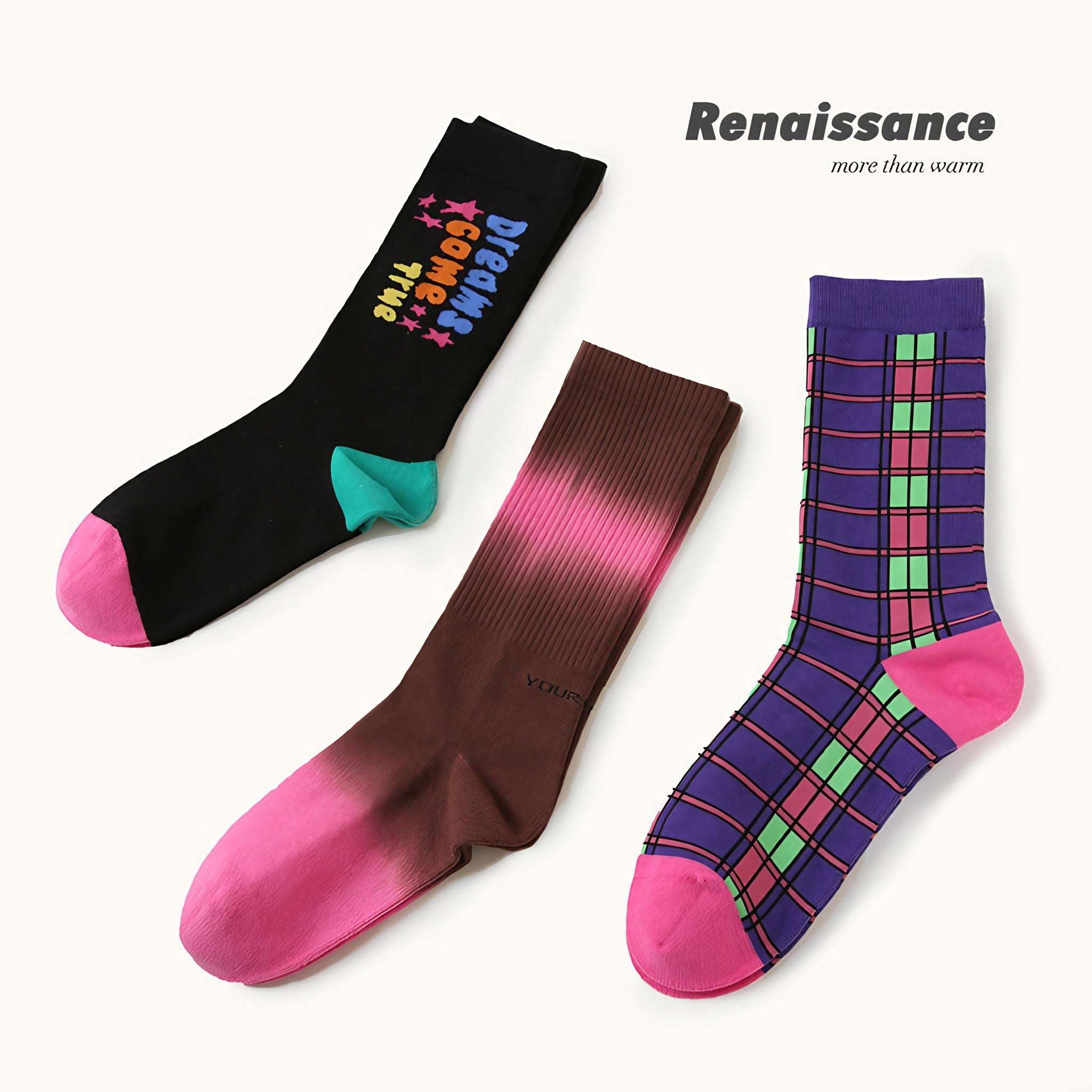 A trio of Blackpink Purple Tektonik socks displaying the word "renaissance" in stylish typography