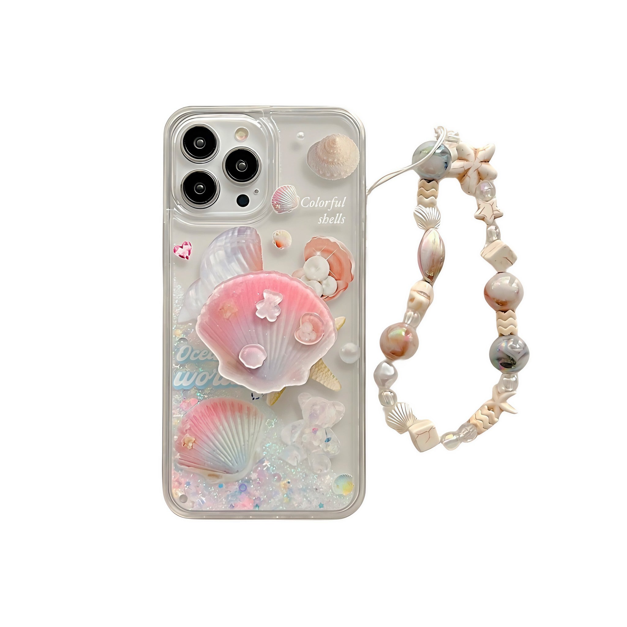 Glittery quicksand phone case adorned with seashells and beads for iPhone