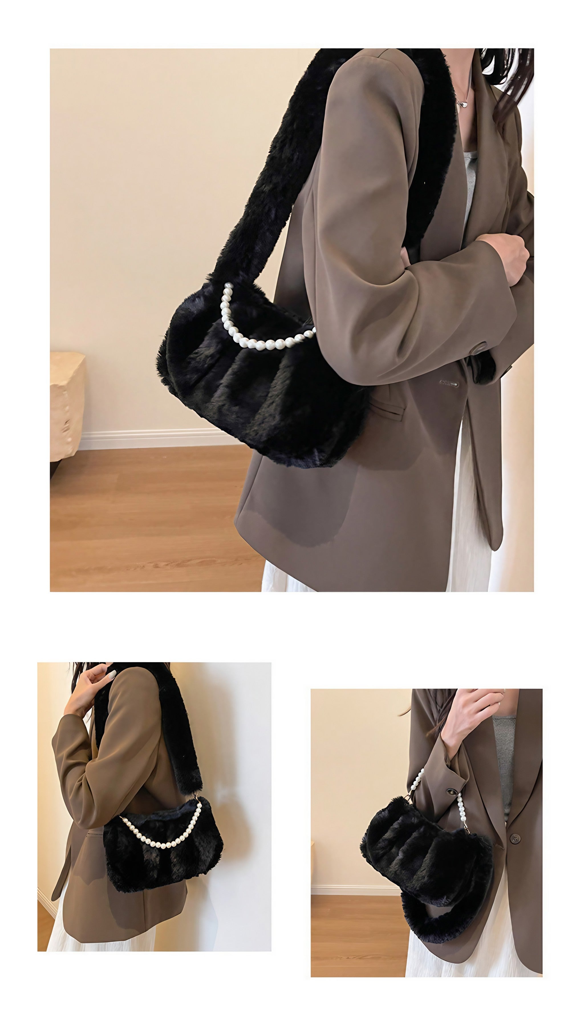 Stylish woman in a fur coat carrying a chic black plush purse