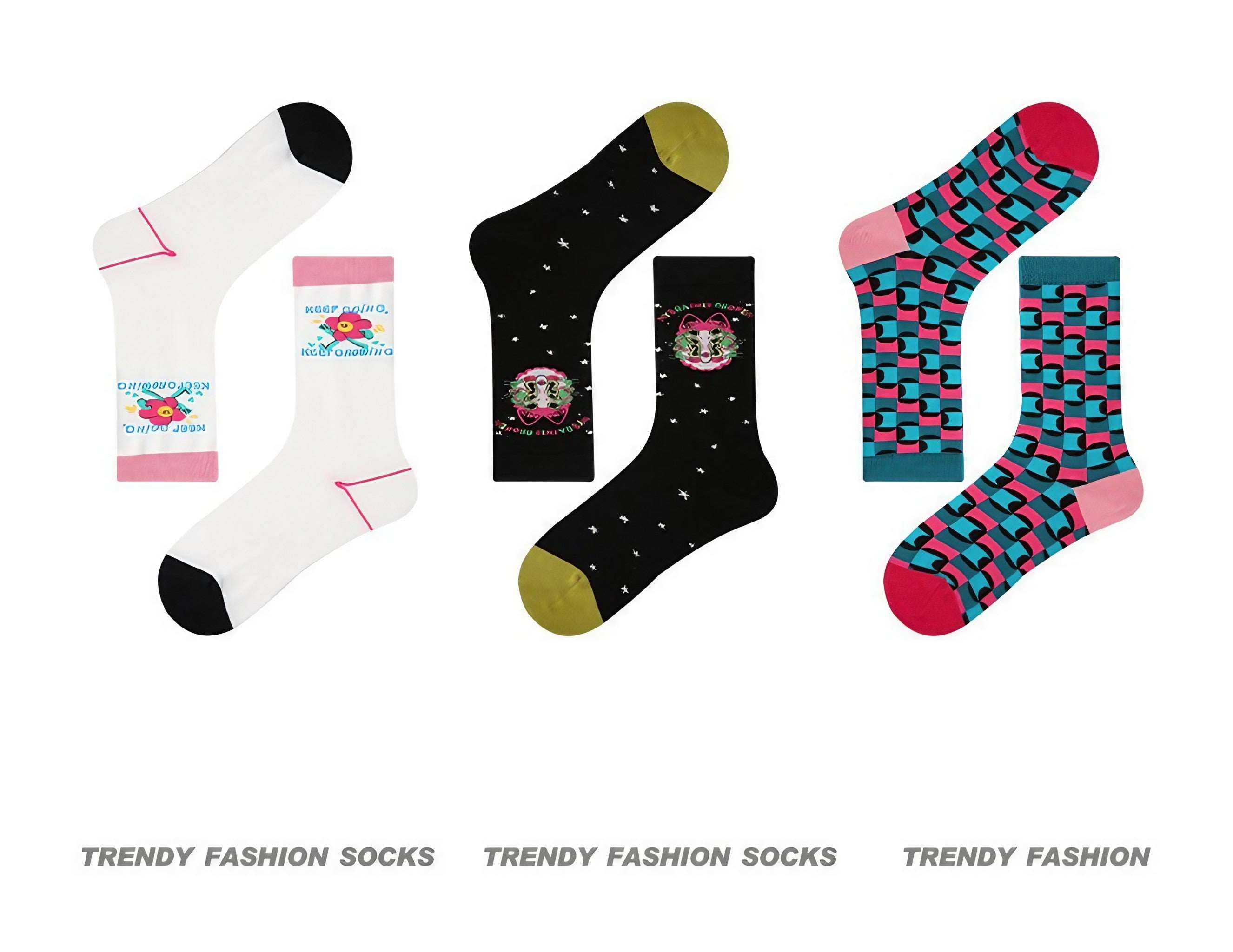 Collection of three fashionable socks suitable for Gen Z and Y2K styles