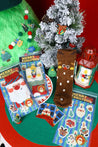 Assortment of warm winter holiday socks with Christmas stickers displayed