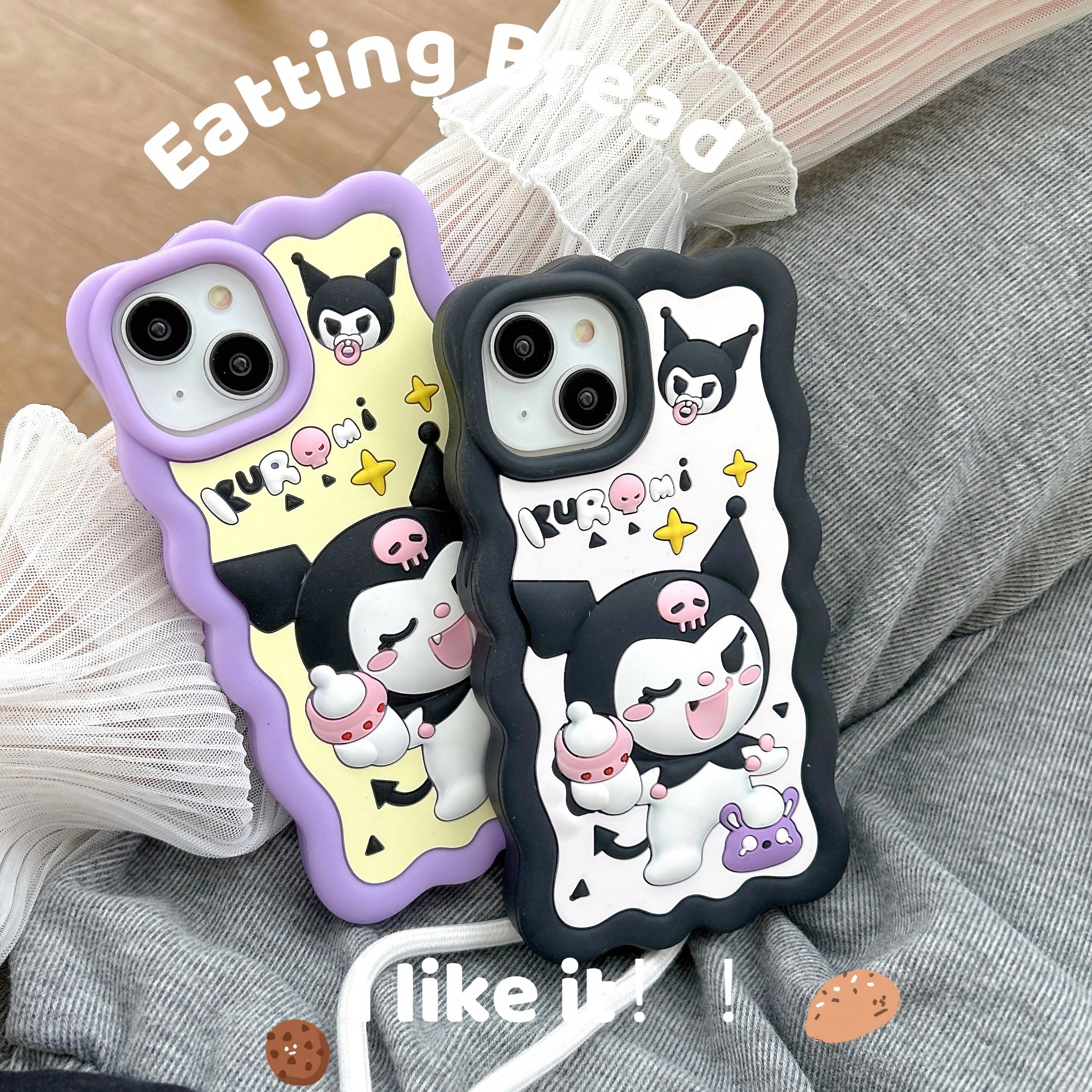 Pair of Kuromi iPhone cases for different models with charming artworks