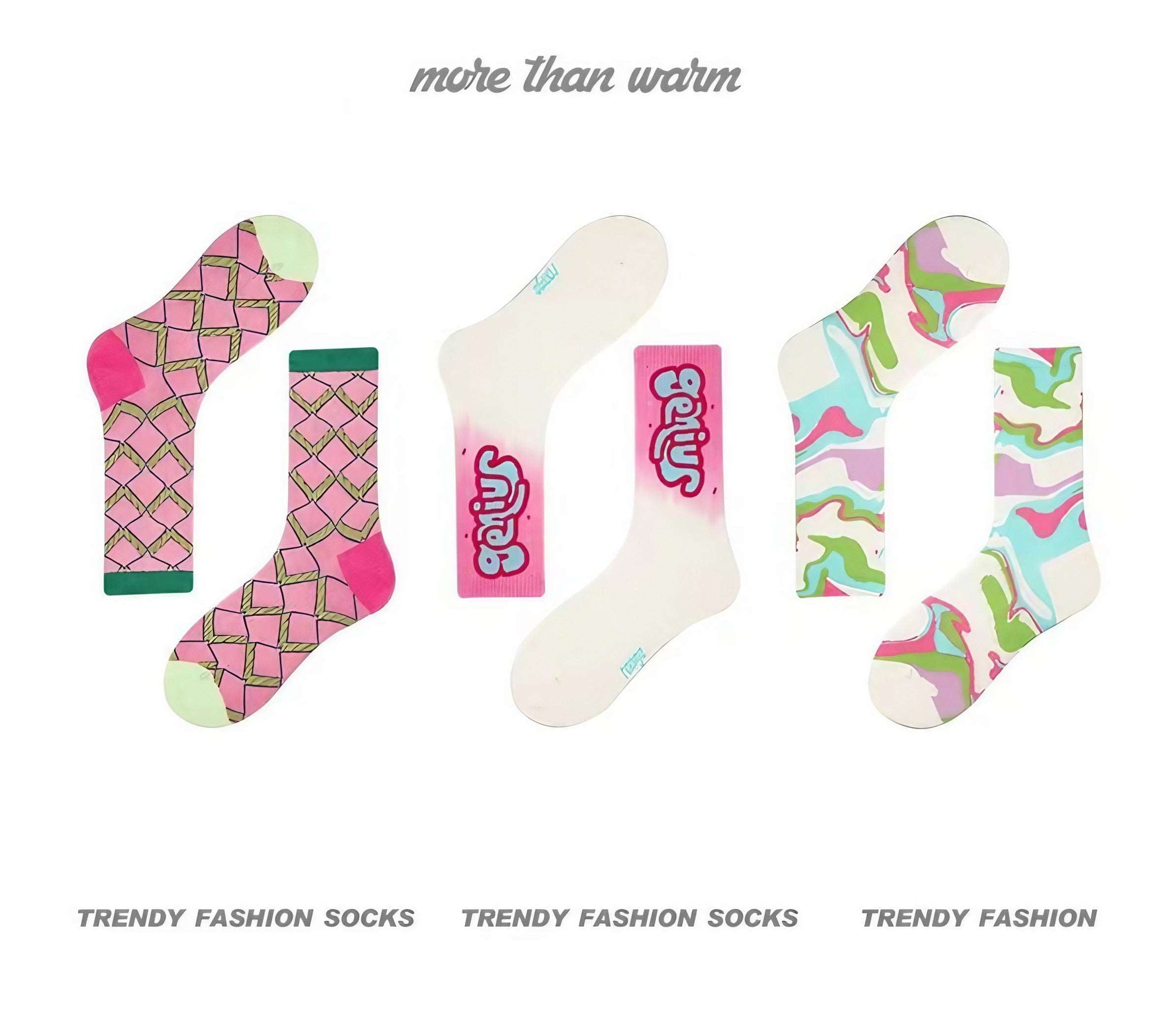 Set of three unique patterned socks in pink tones for women