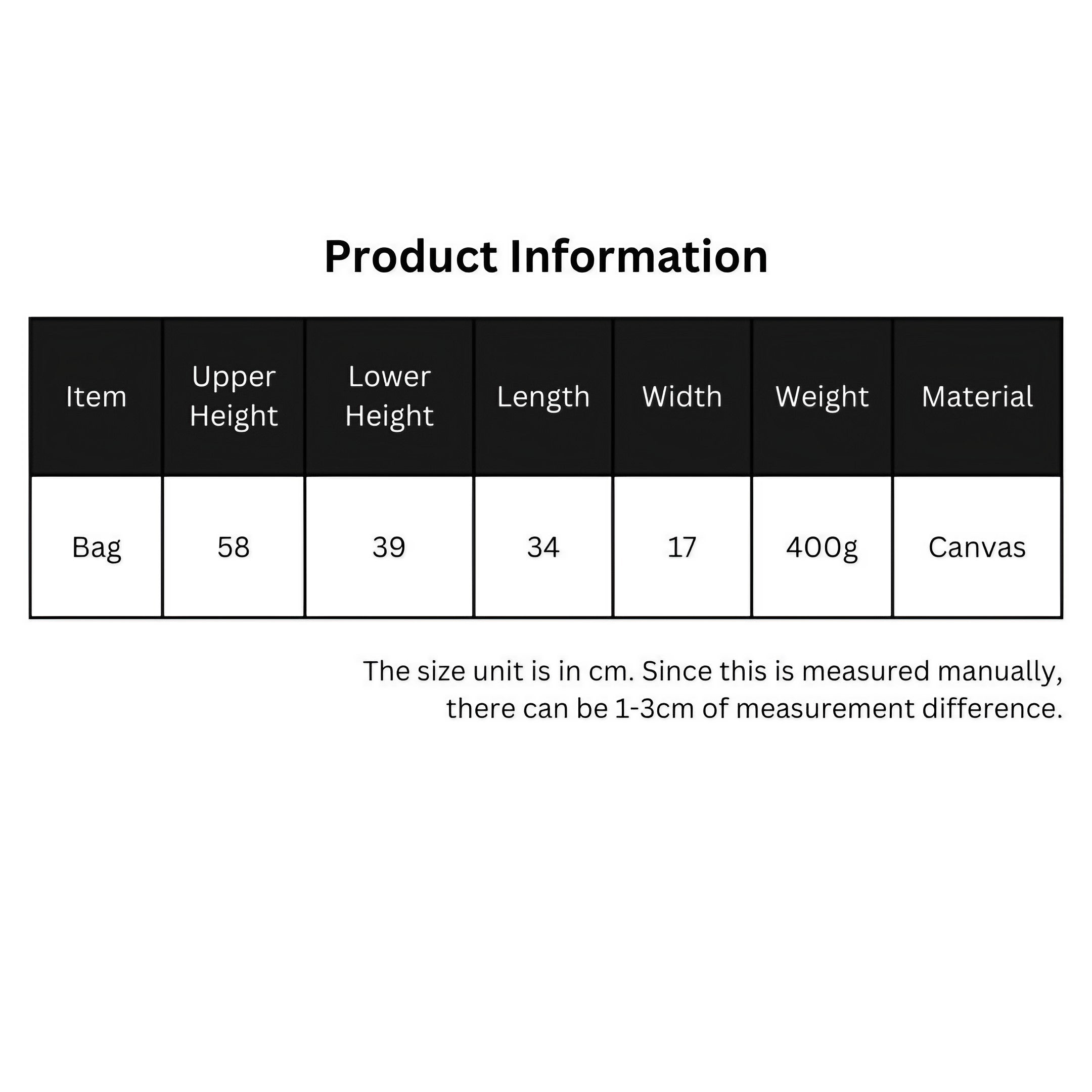 Detailed view of the canvas bag's product specifications