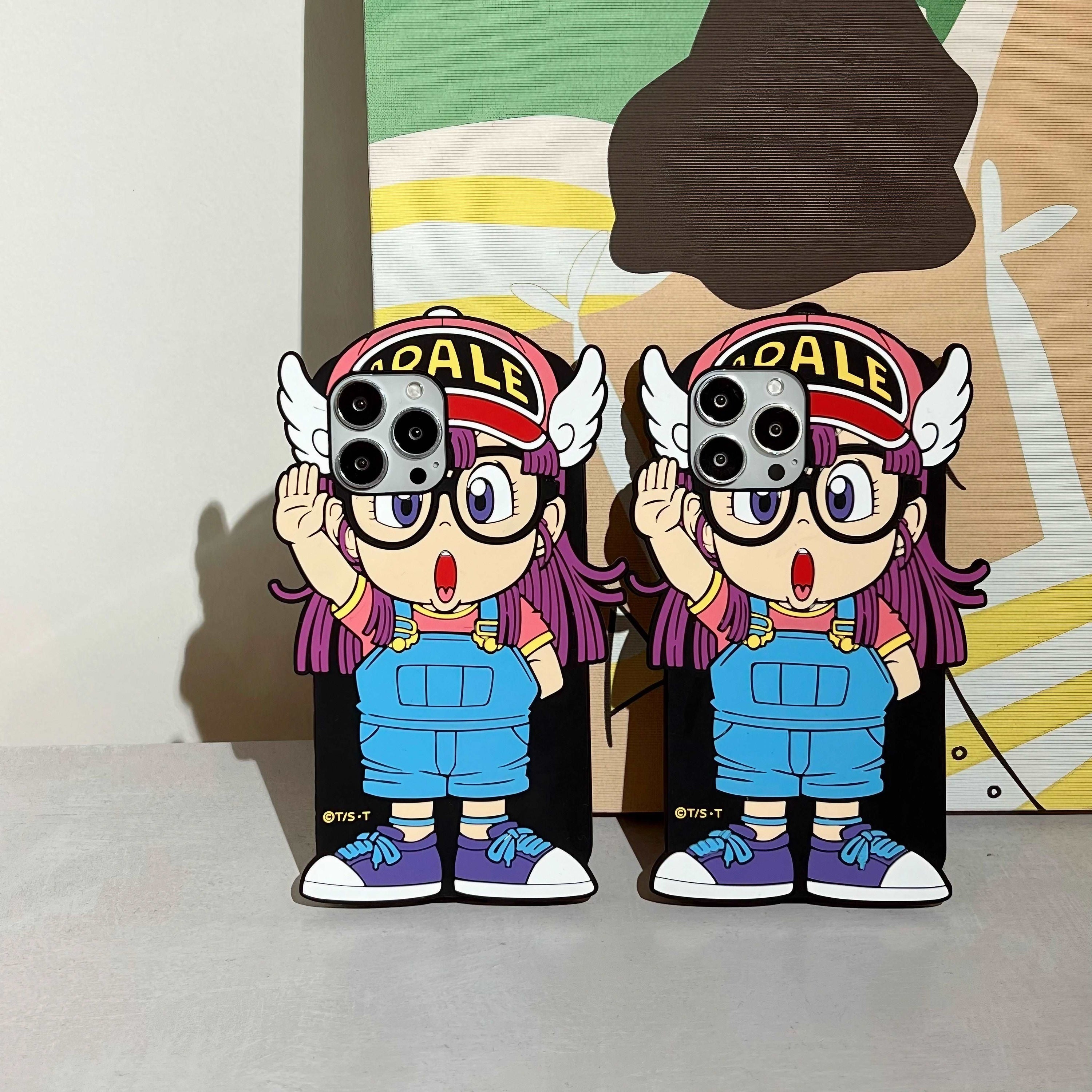 Pair of Arale cartoon character iPhone cases for 13 Pro and 14 Pro Max