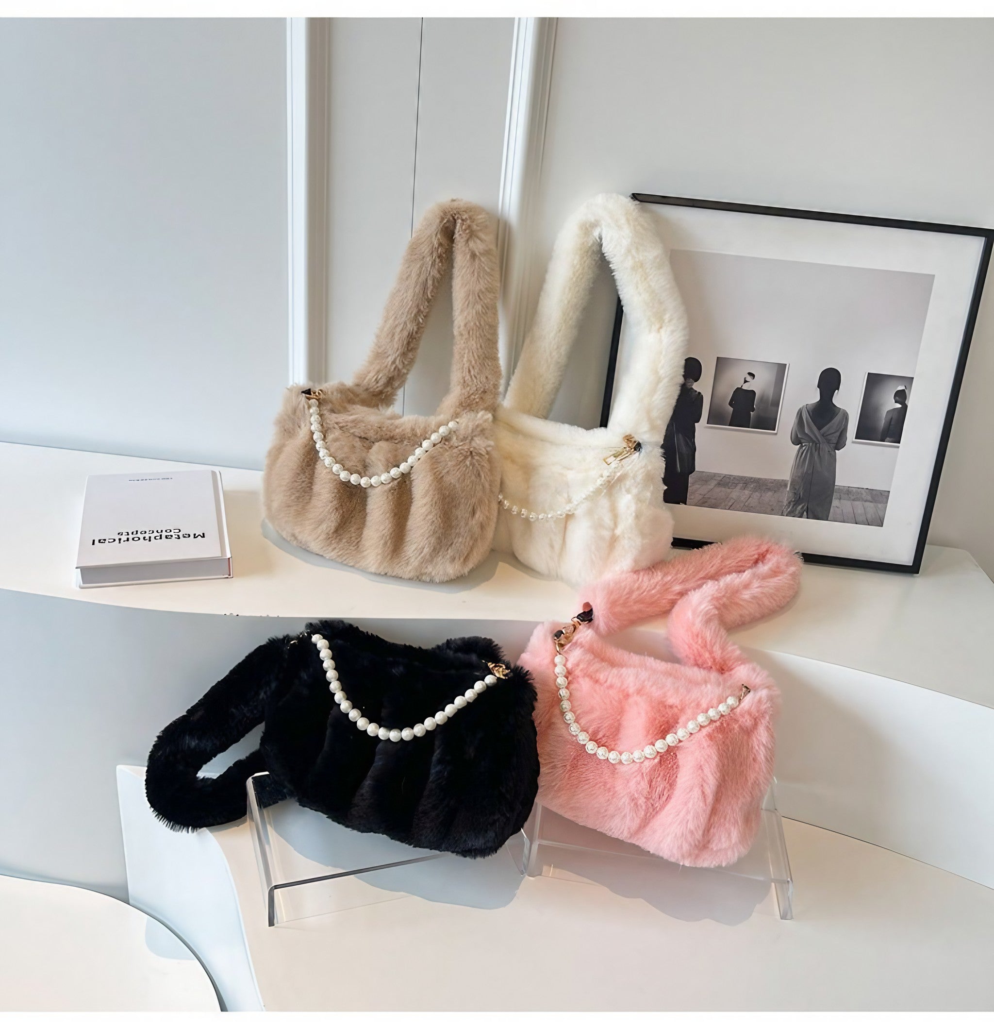 Four fur bags in various colors, all with pearl adornments