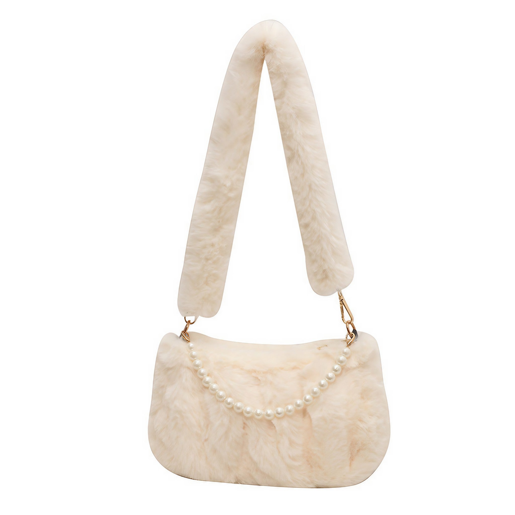 White plush bag with shoulder pearls, ideal for Y2K fashion enthusiasts