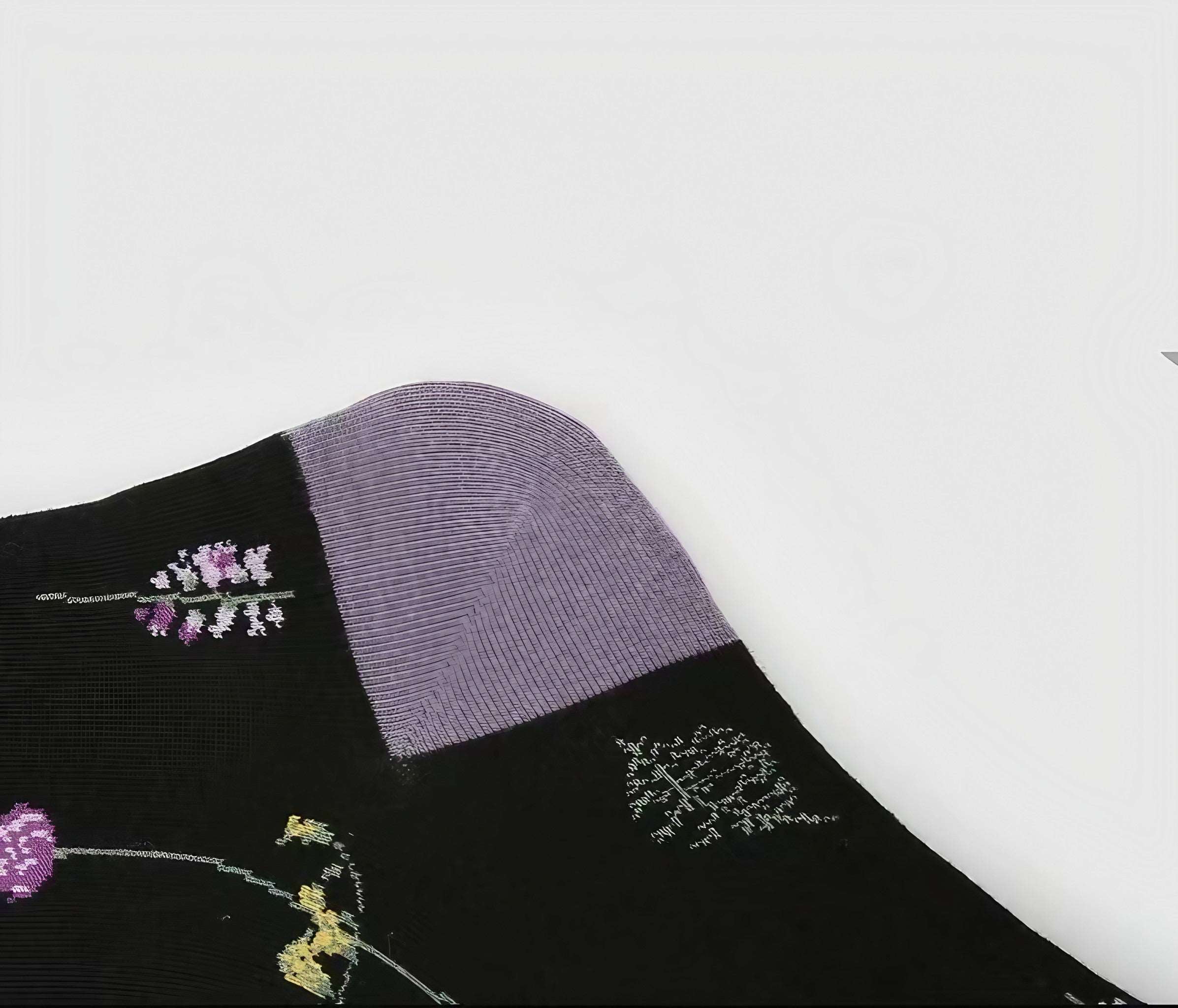 Detail of a black sock featuring purple floral and leaf designs