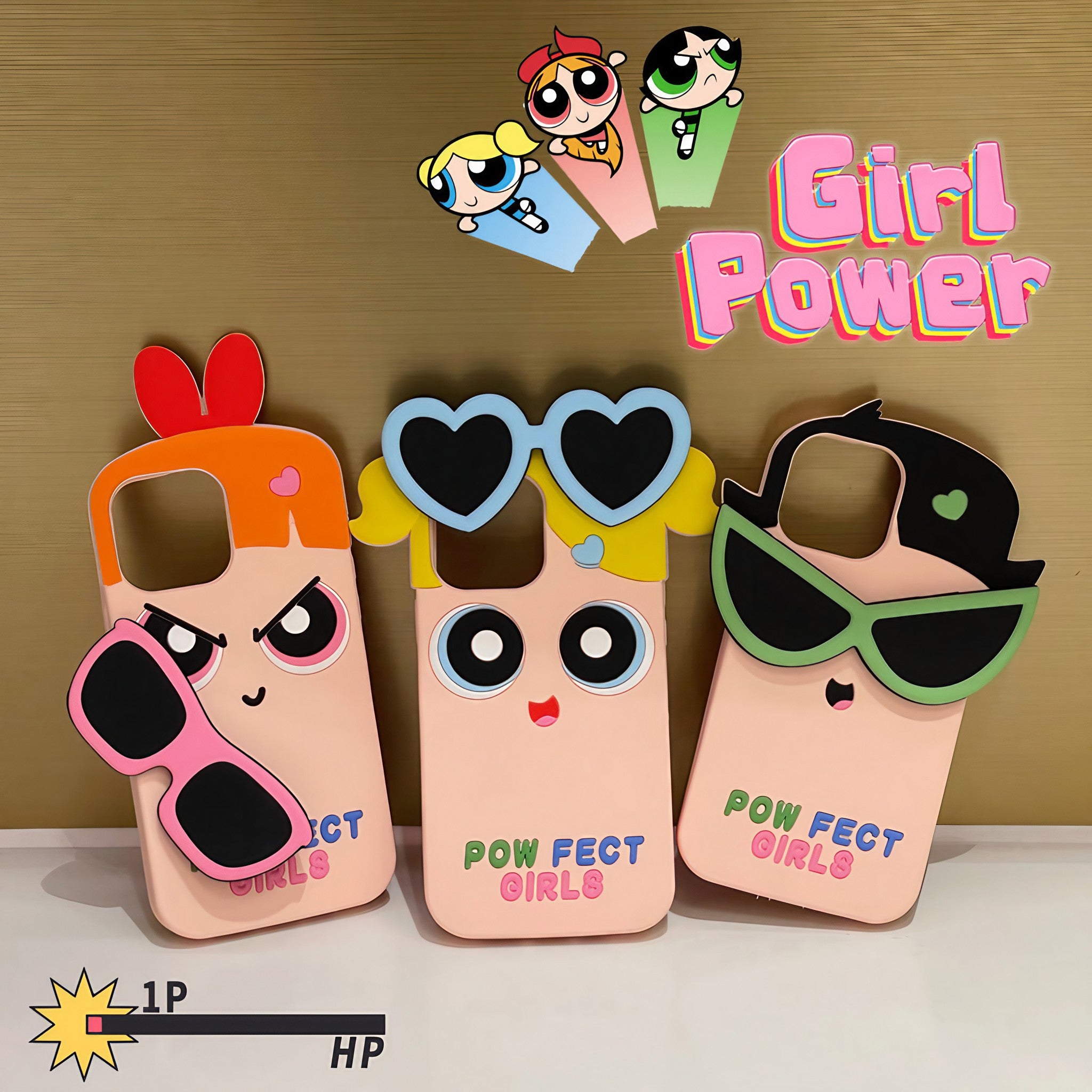 Set of three Powerpuff Girls iPhone cases highlighting their shockproof features