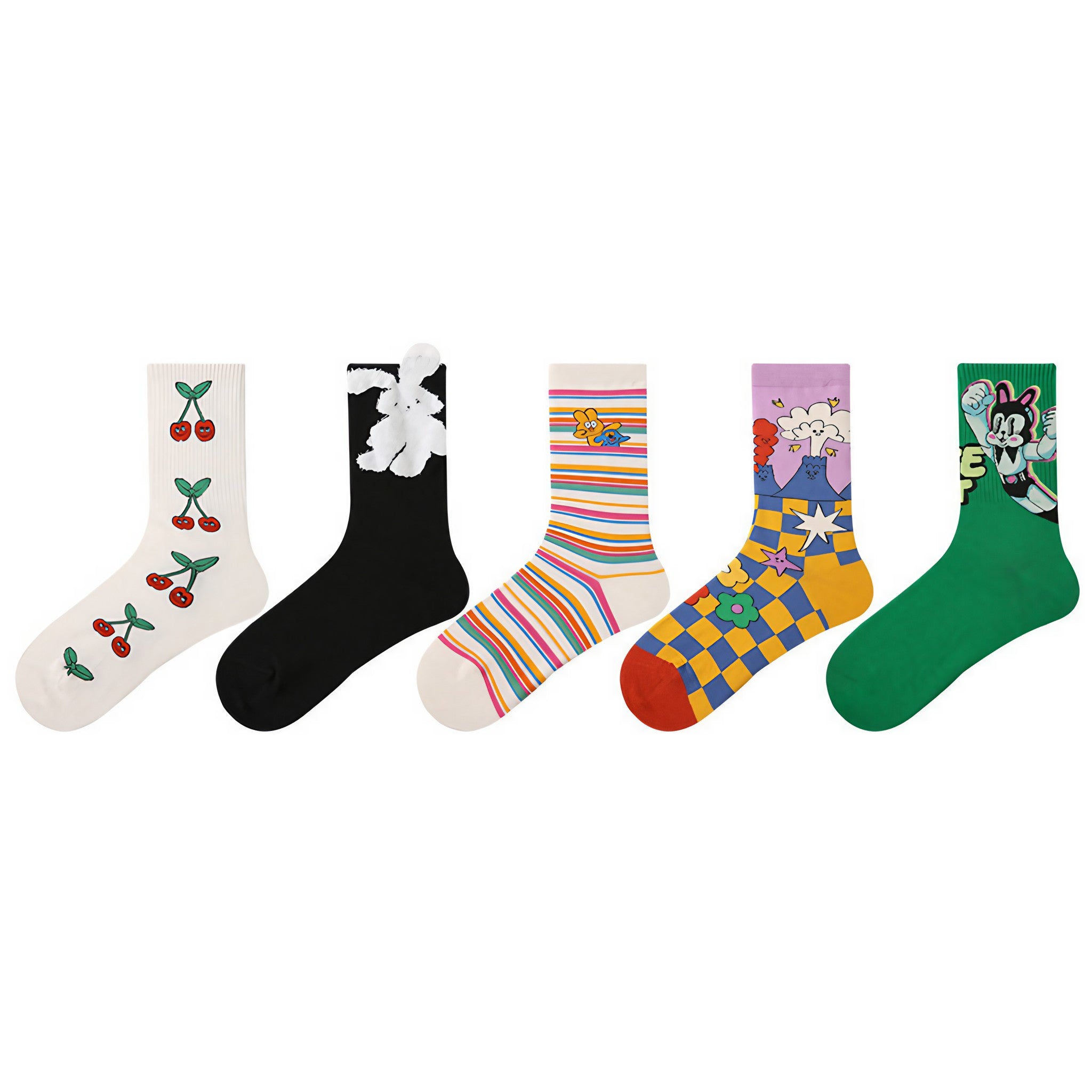 3+2 Socks Set) Black White Green Yellow Rainbow Socks, Women's