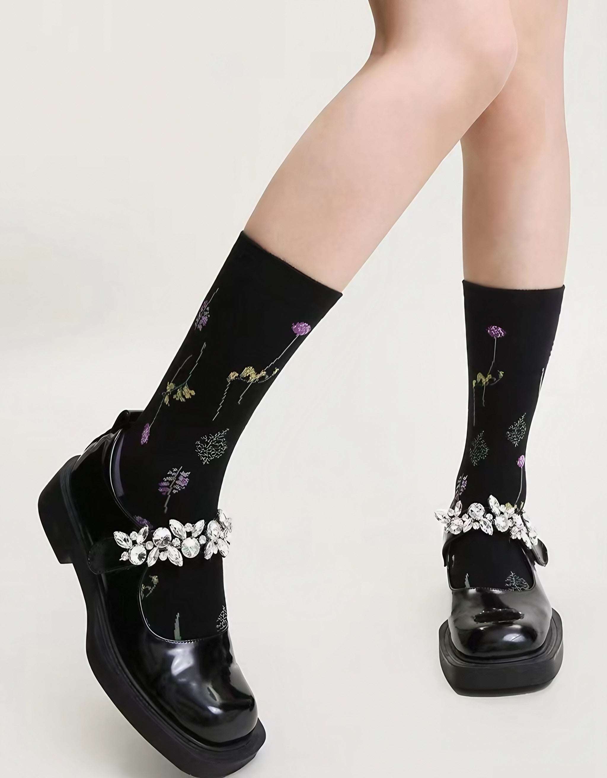 Detail shot of the floral pattern on the Black Purple Violet Old Money Socks for women