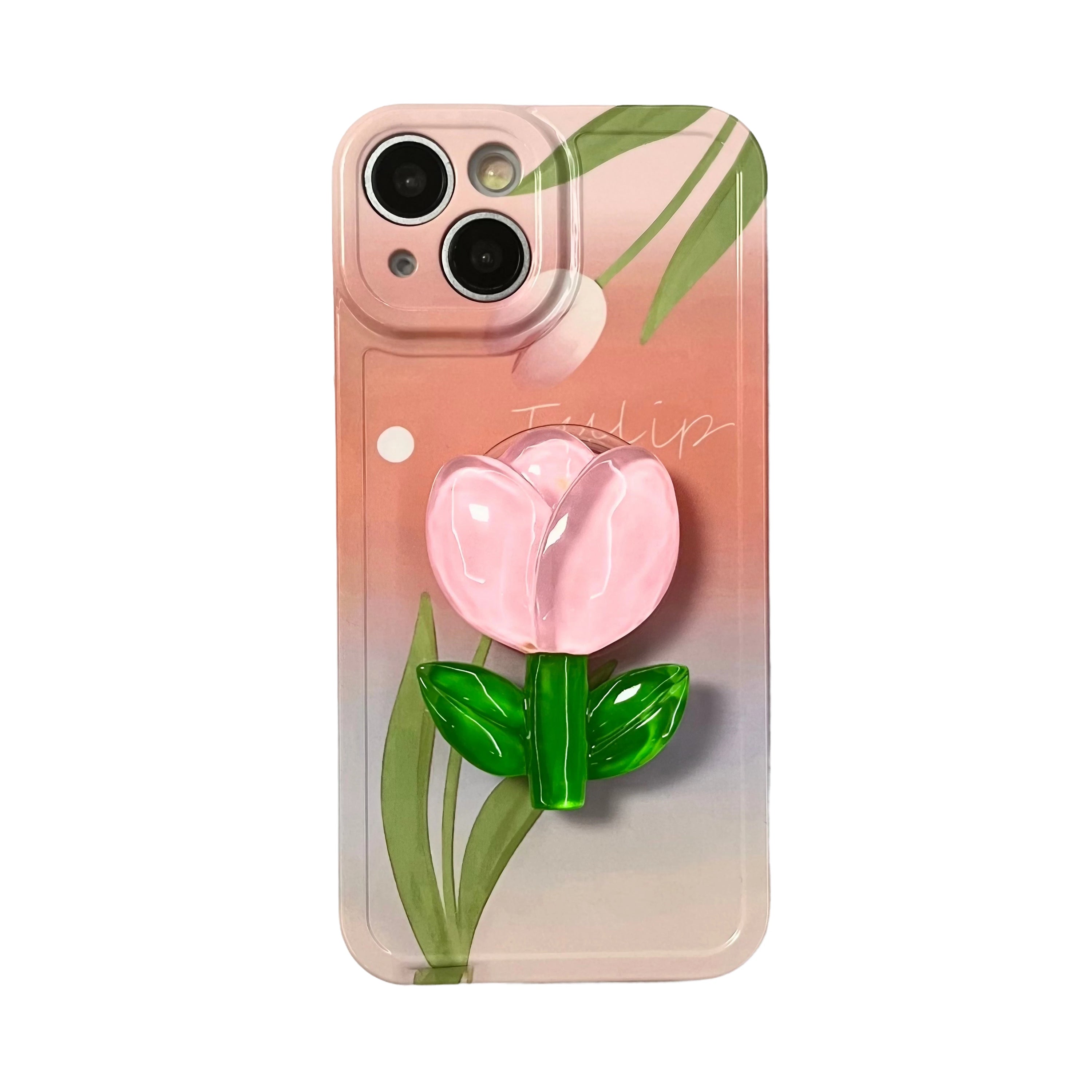 Pink Tulip iPhone Case featuring a prominent flower and green leaf design for iPhone 13 Pro Max