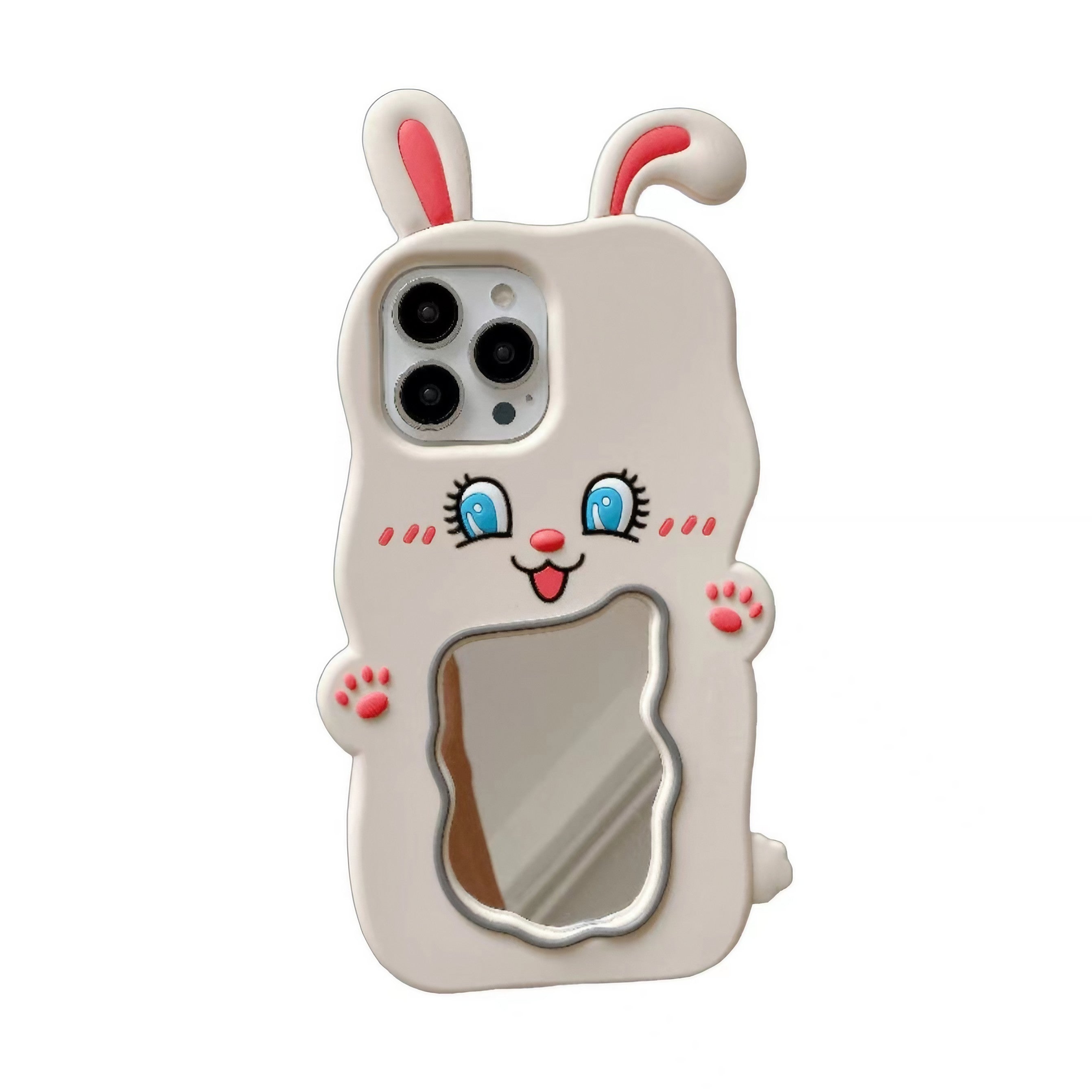 Close-up view of a White Rabbit iPhone case featuring a kawaii design