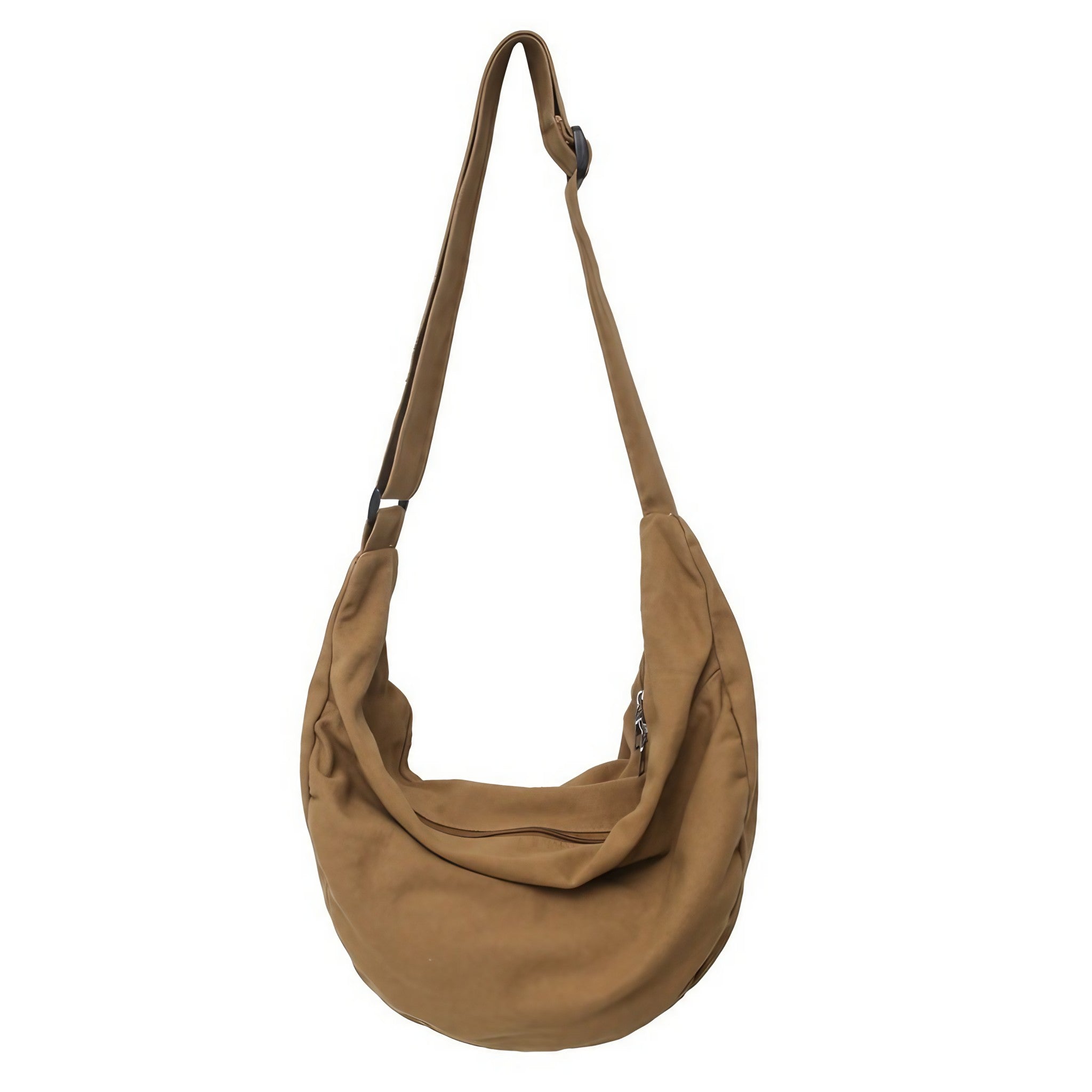 Compact brown canvas crossbody bag with secure zipper closure