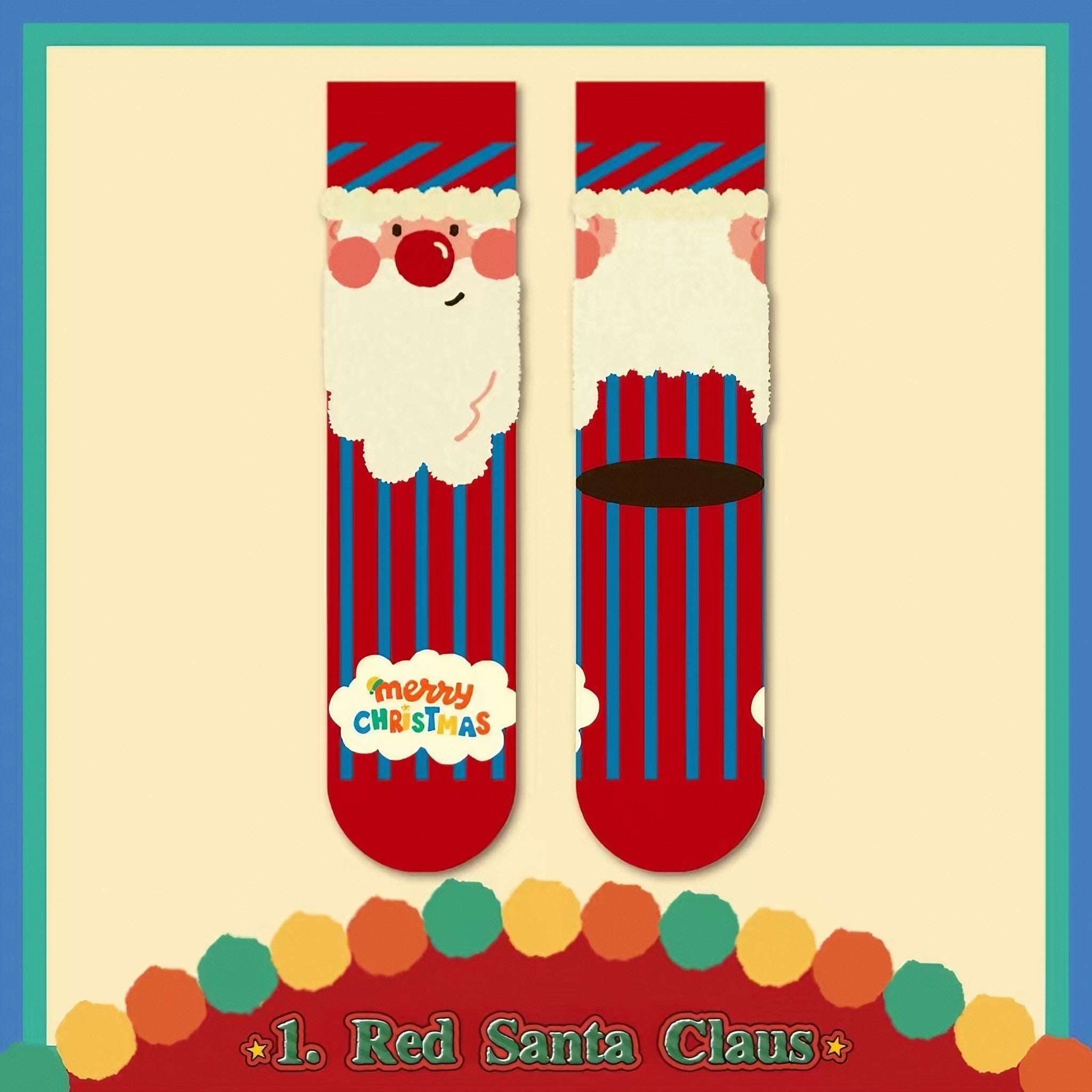 Holiday socks adorned with a classic Santa Claus image