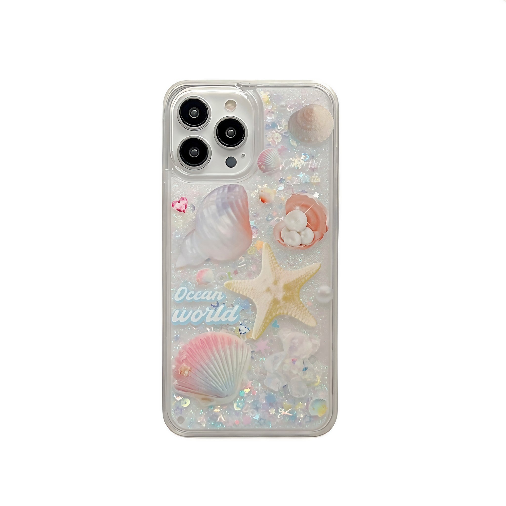 Transparent Little Mermaid themed phone case with starfish and seashell embellishments