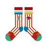 Holiday socks featuring Christmas tree design and cute apple cartoon