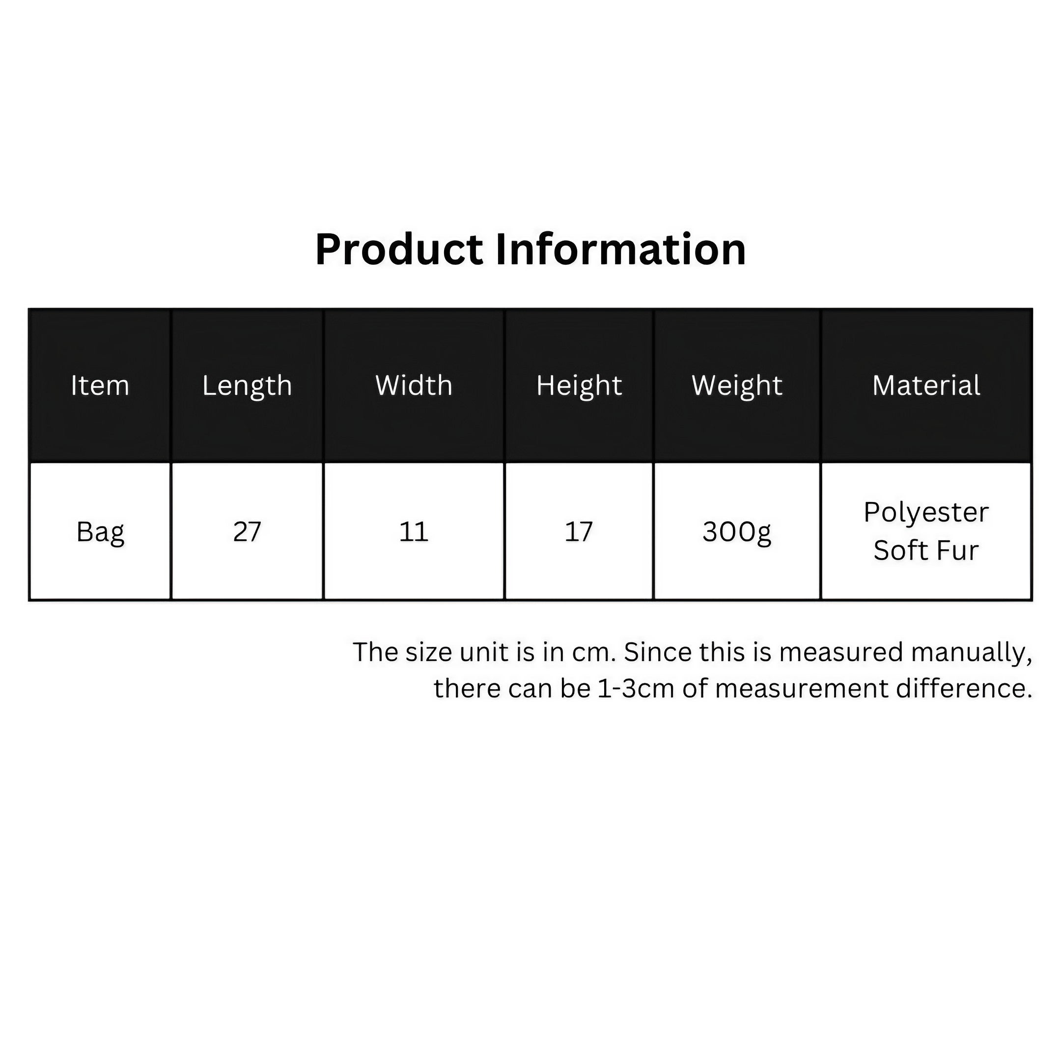 Information label displaying details and features of the plush fur bag product