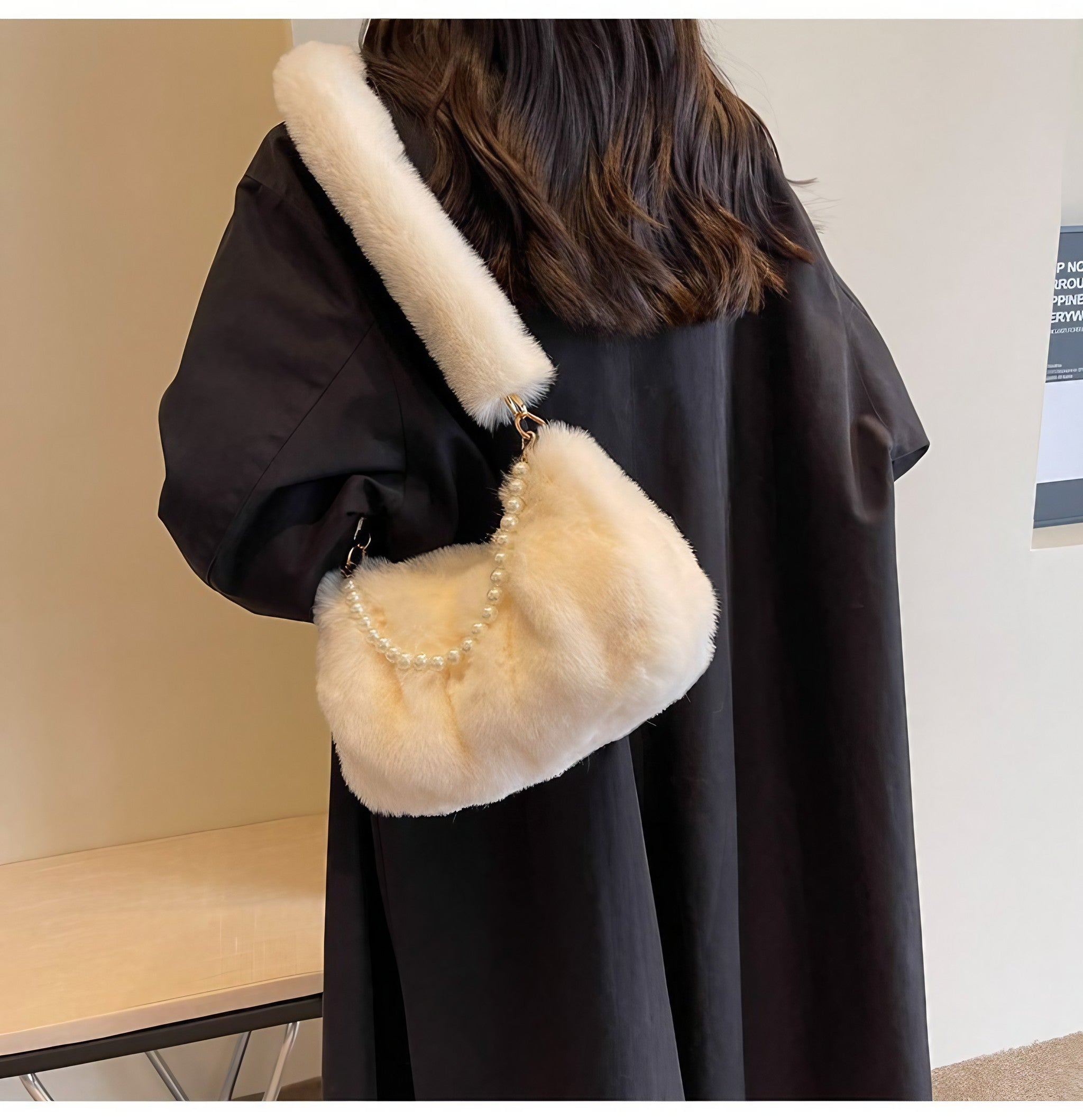 Woman accessorized with a white plush fur bag in a coquette style