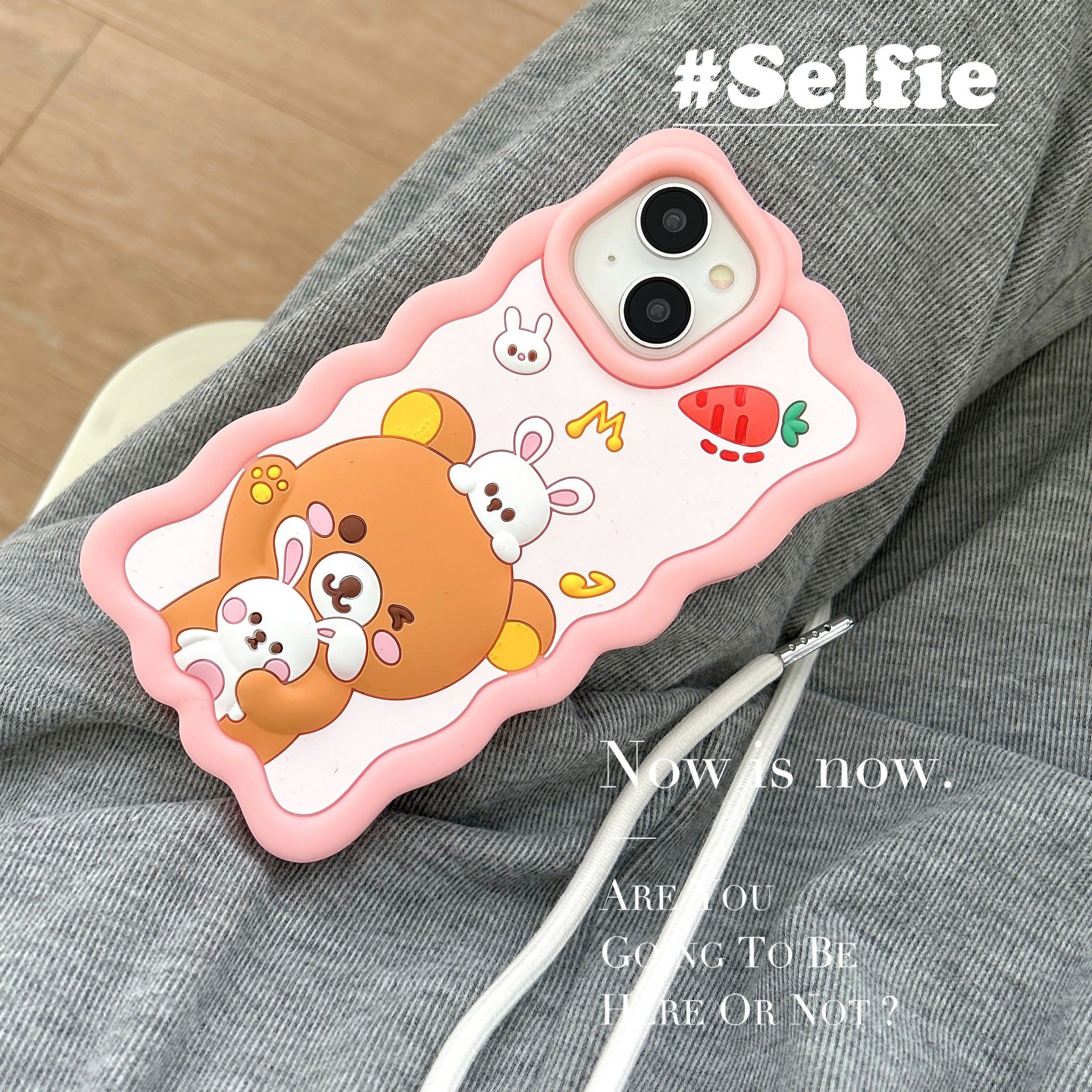 Pink shockproof iPhone case adorned with Rilakkuma bear and bunny for iPhone 13 series