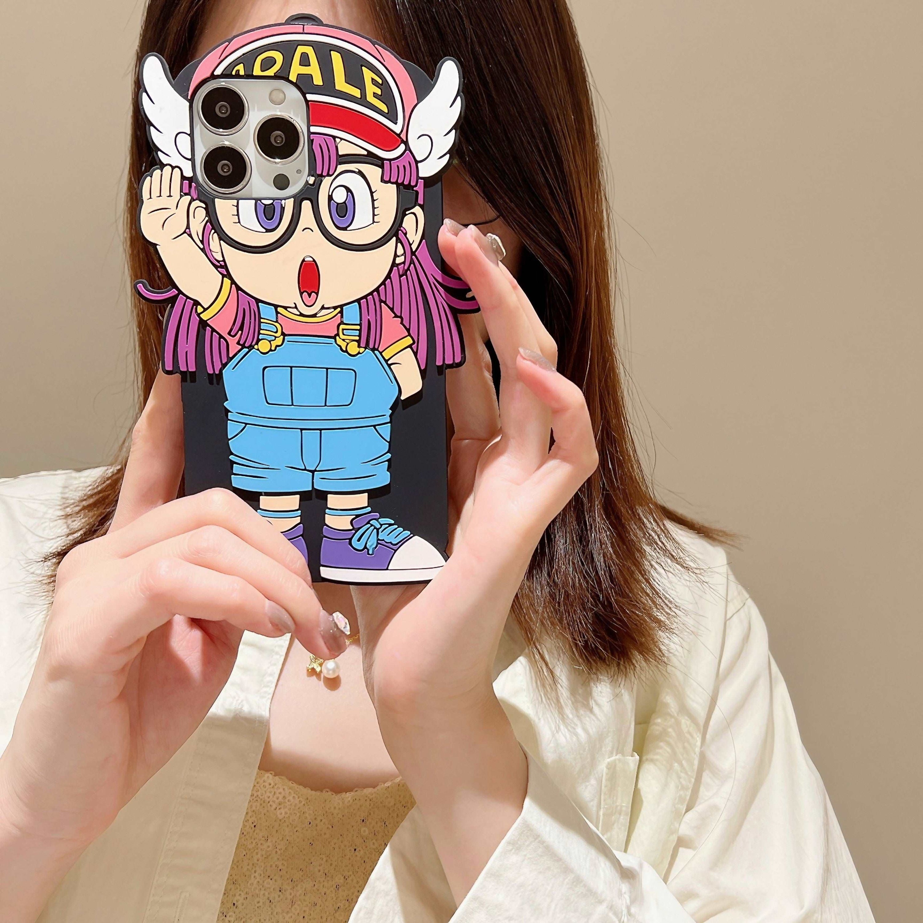 Female presenting a soft silicone iPhone case featuring Arale from Dr. Slump