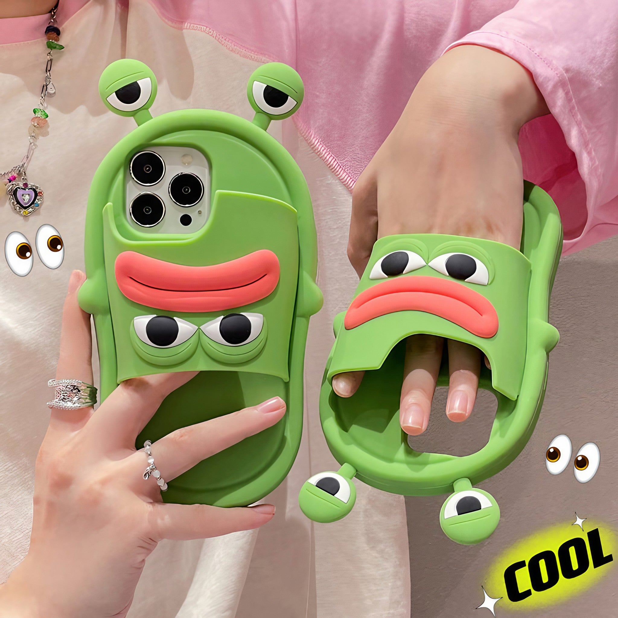 Close-up of a hand gripping a frog-themed silicone case for iPhone