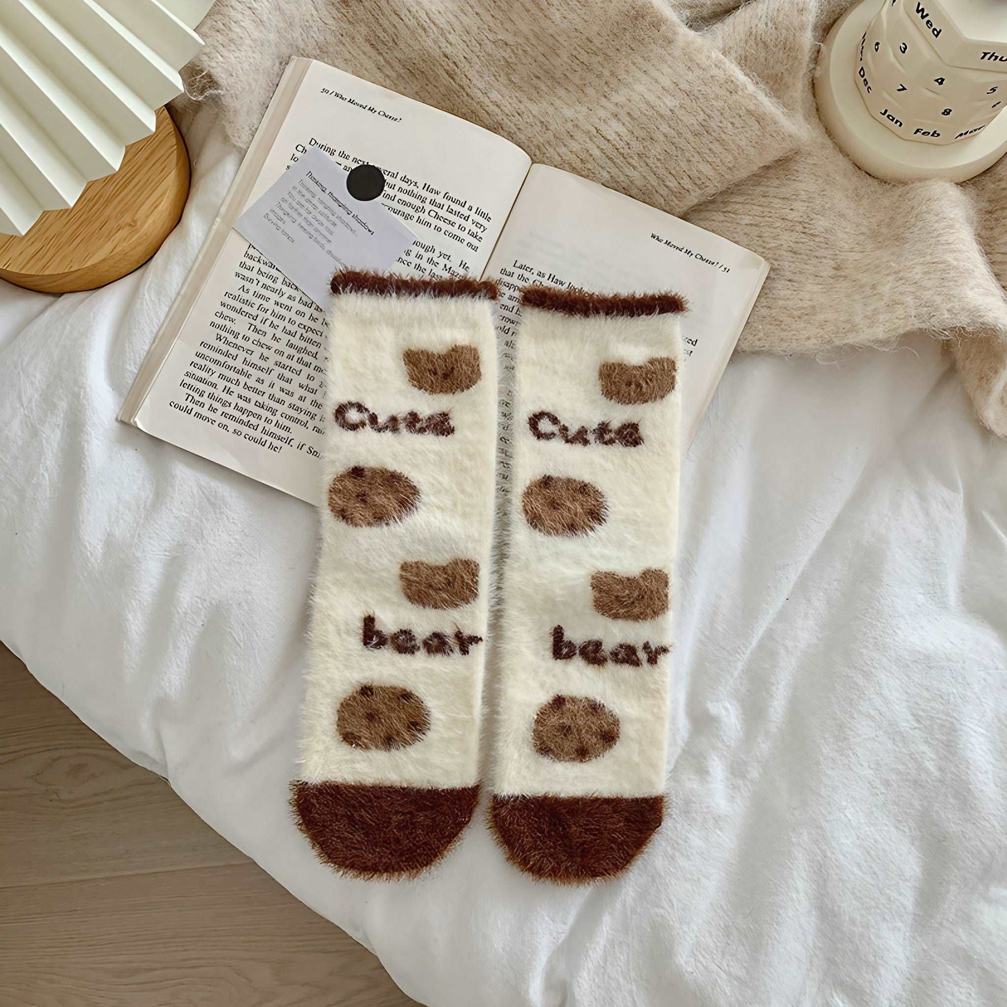 Brown plush socks with an adorable bear motif for winter warmth