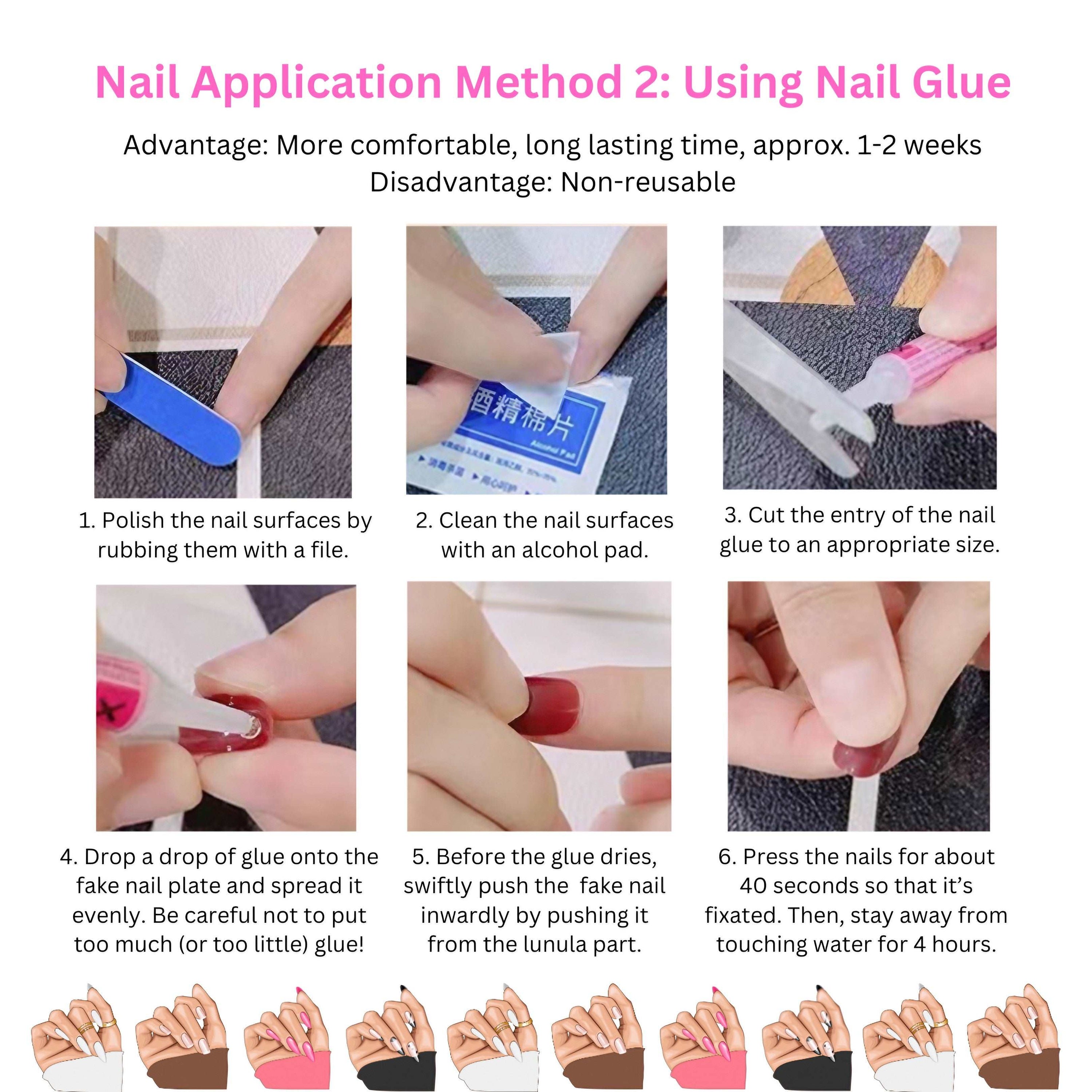 Step-by-step visual guide for applying Ballet Coquette nails with glue