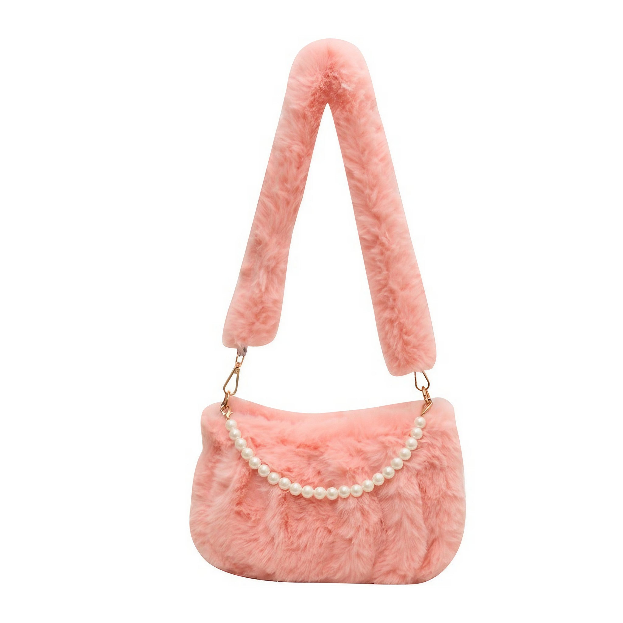 Kawaii pink fur bag featuring pearl embellishments on the handle