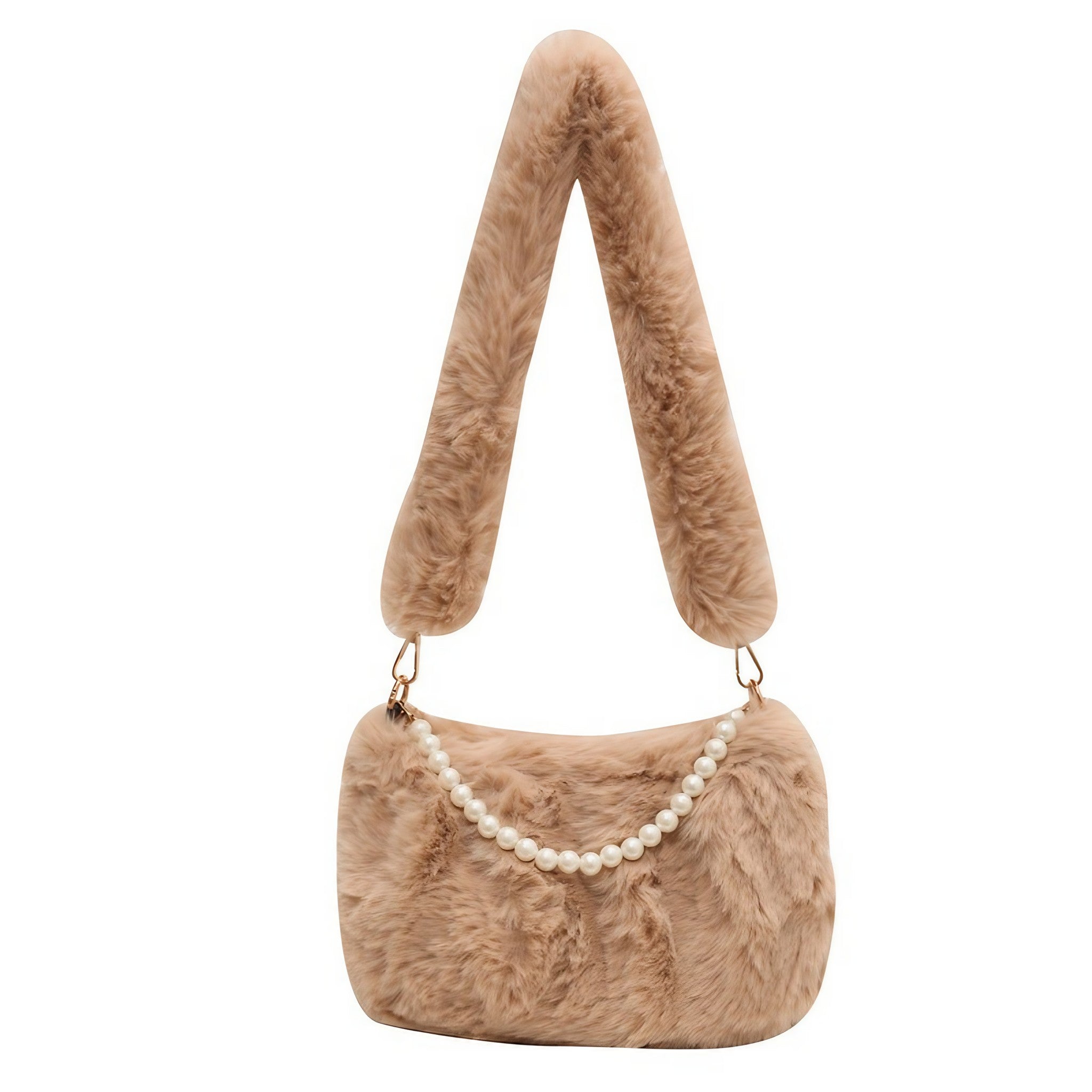 Brown fur handbag with pearl handle, perfect for a winter look