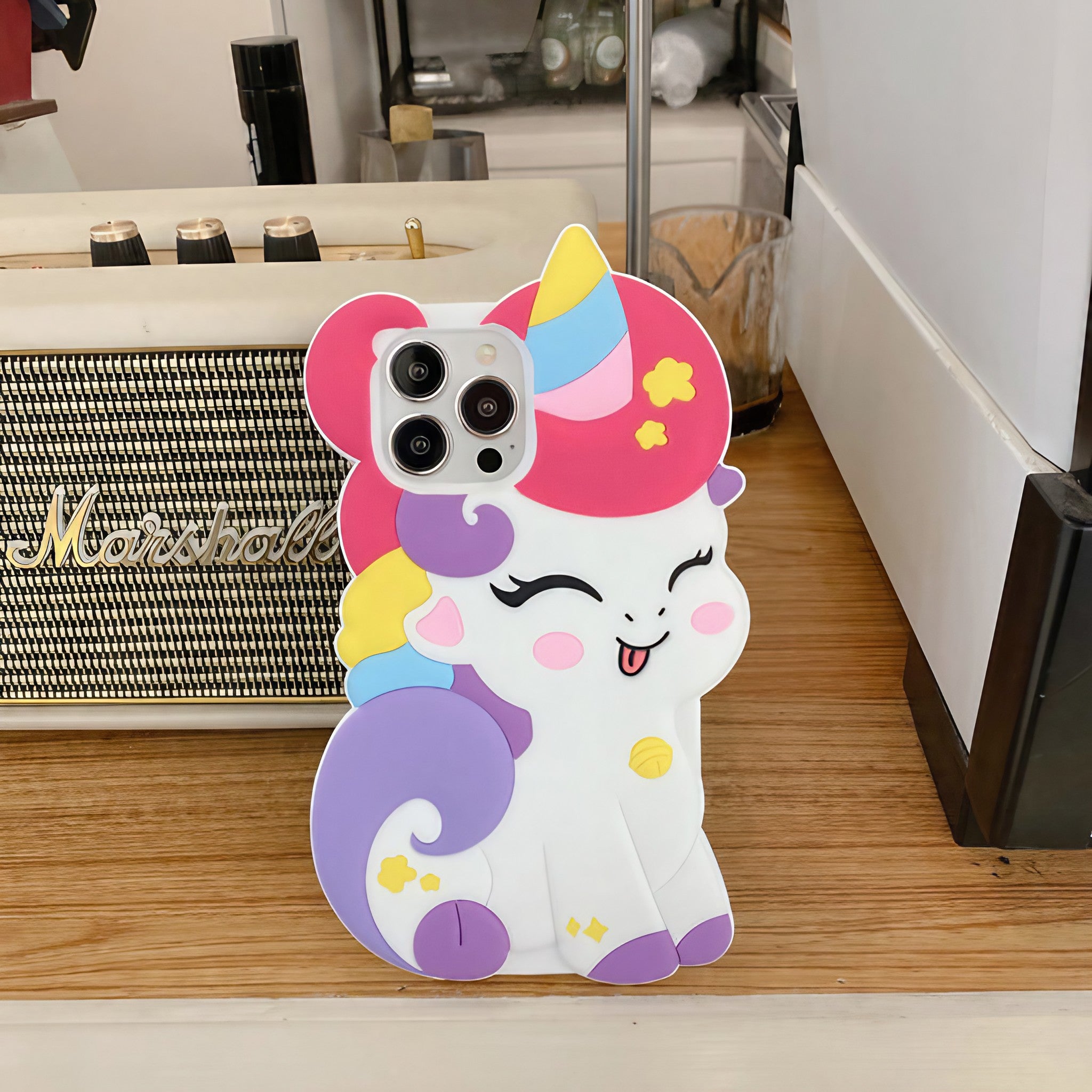 Silicone iPhone case adorned with a unicorn motif for enhanced phone protection