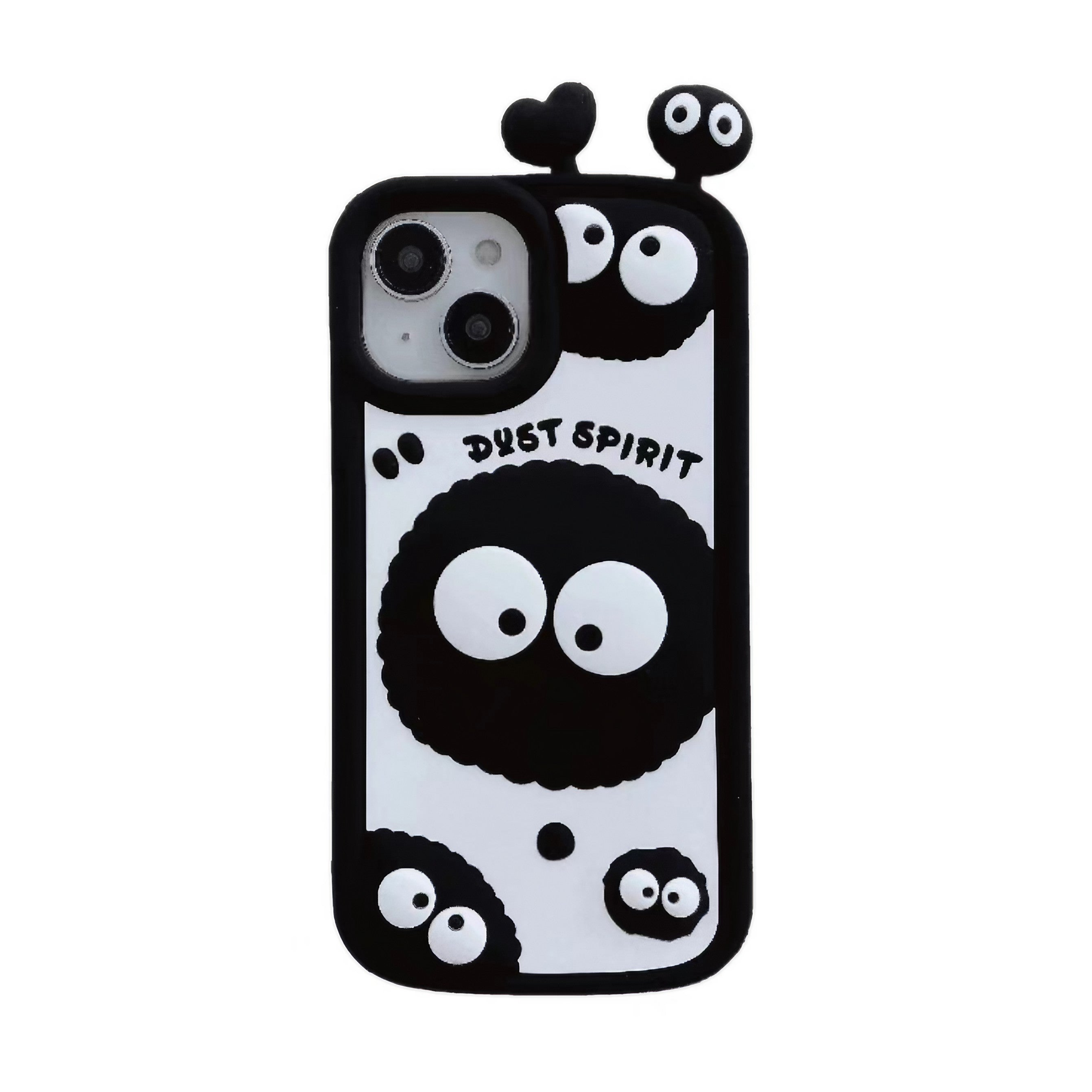 Black silicone iPhone case with a whimsical dust spirit design from Studio Ghibli for iPhone 14 series