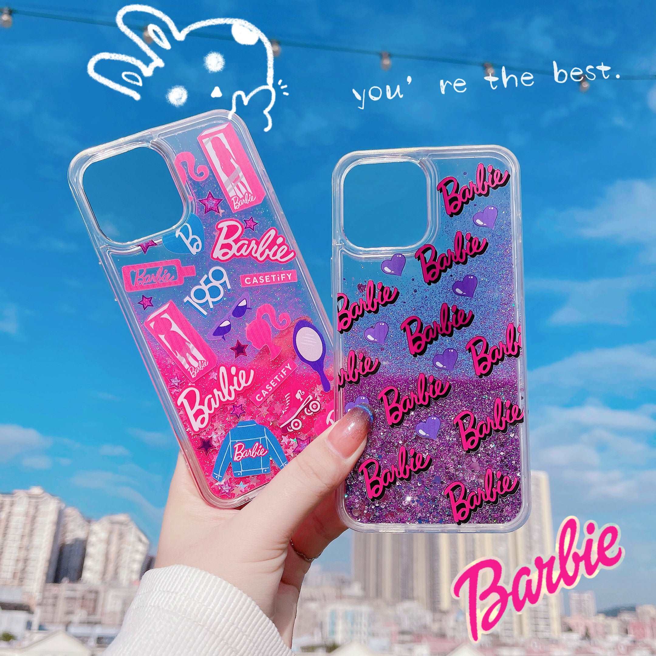 Y2K style Barbie phone case with glittery quicksand effect for iPhone